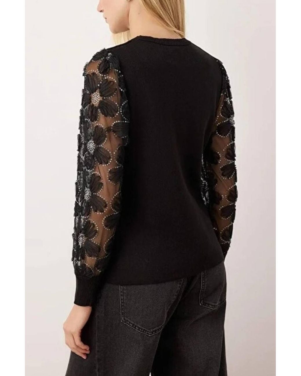 WOVCOR Black Knitted Crew-Neck Sweater W/ Sheer Tulle Floral Sleeves