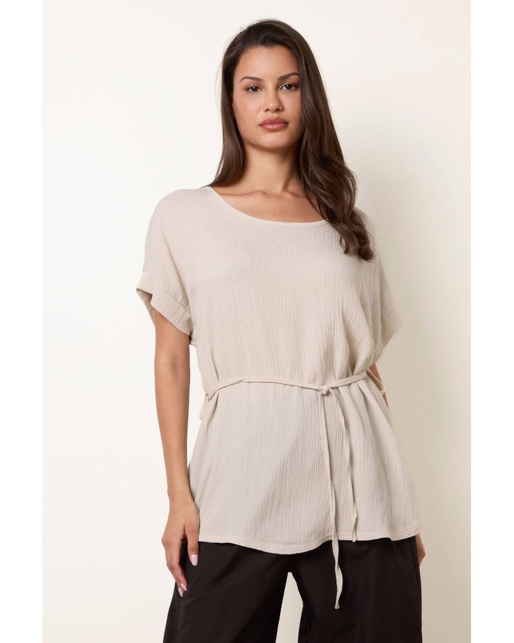 Blue Vanilla Natural Short Sleeve Belted Round Neck Top