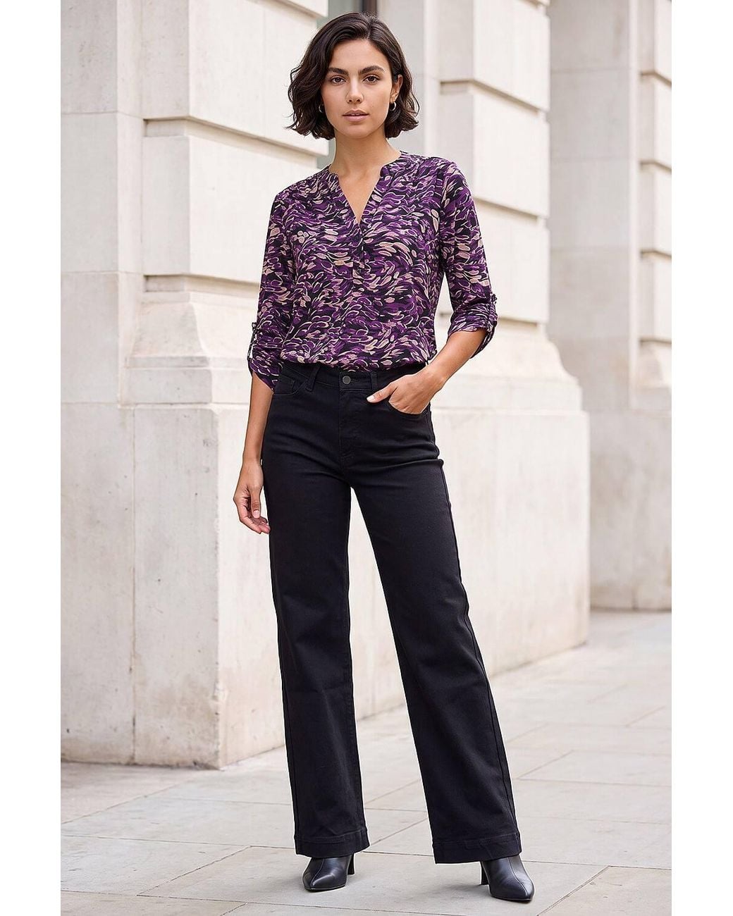 Roman Purple Abstract Print V-Neck Stretch Shirt