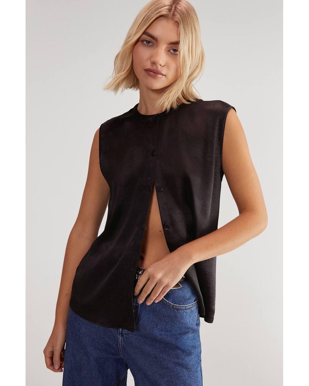Nasty Gal Black Textured Satin Button Through Collarless Tank