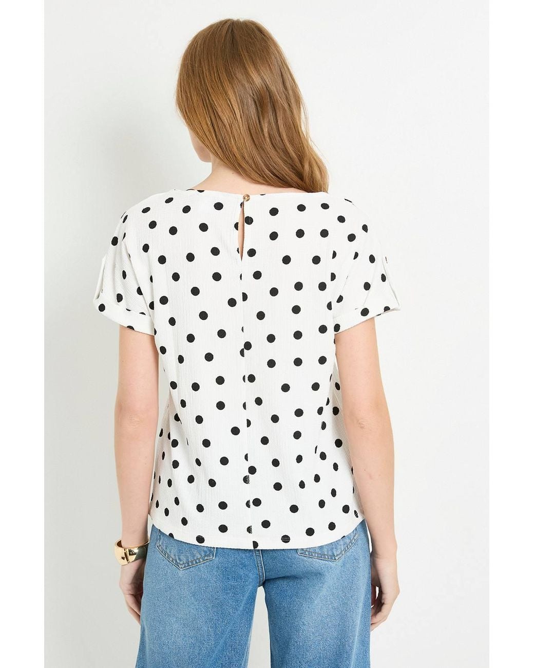Wallis White Spot Jersey Roll Sleeve Button T-Shirt