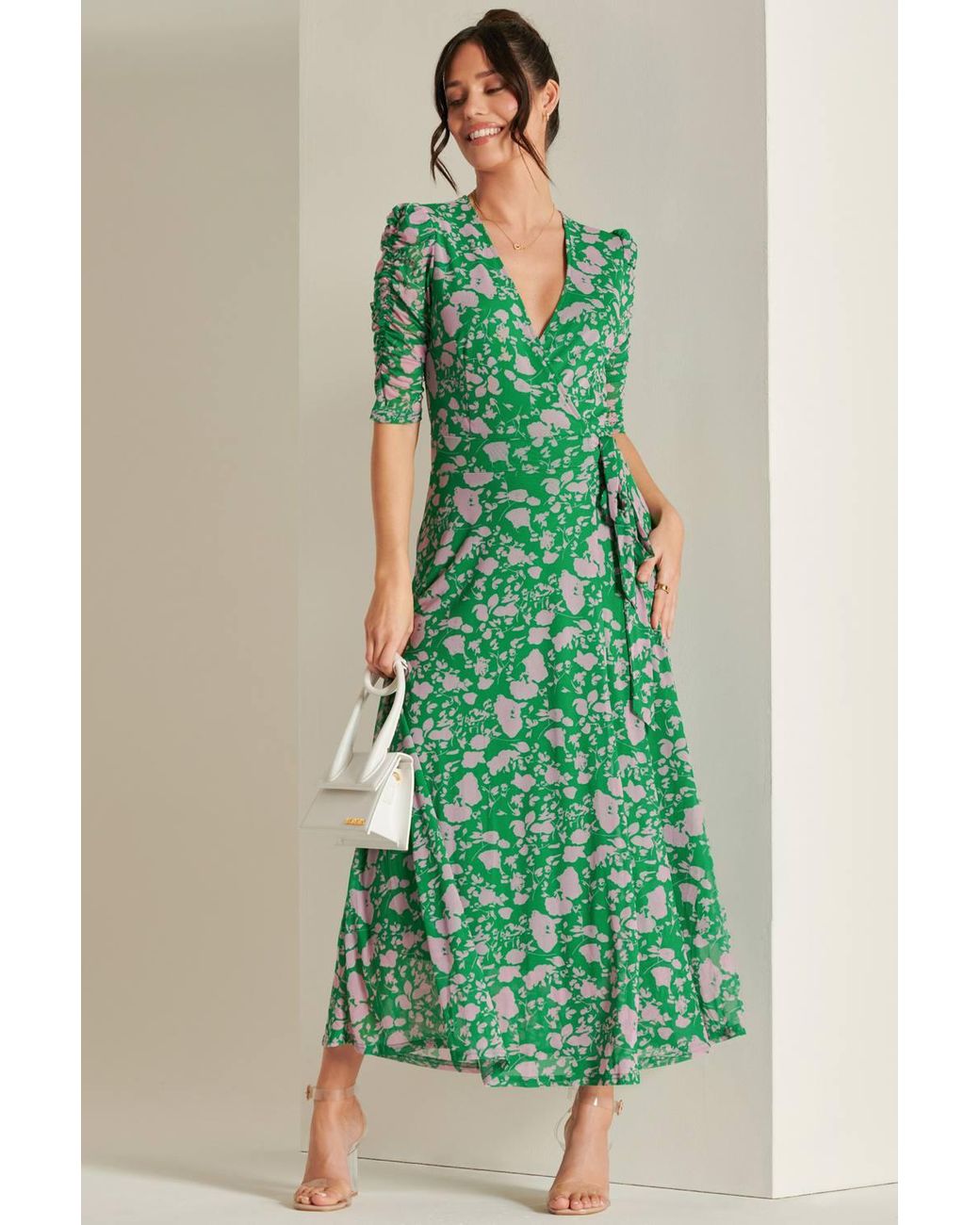 Jolie Moi Green Daliyah Wrap Front Mesh Maxi Dress