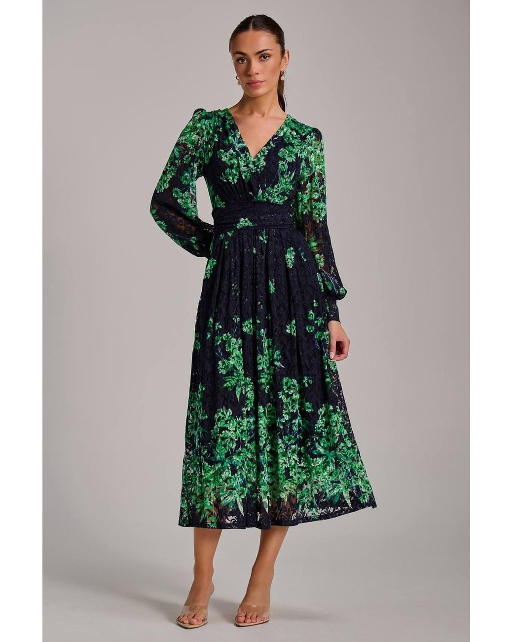 Jolie Moi Green Long Sleeve Print Lace Maxi Dress