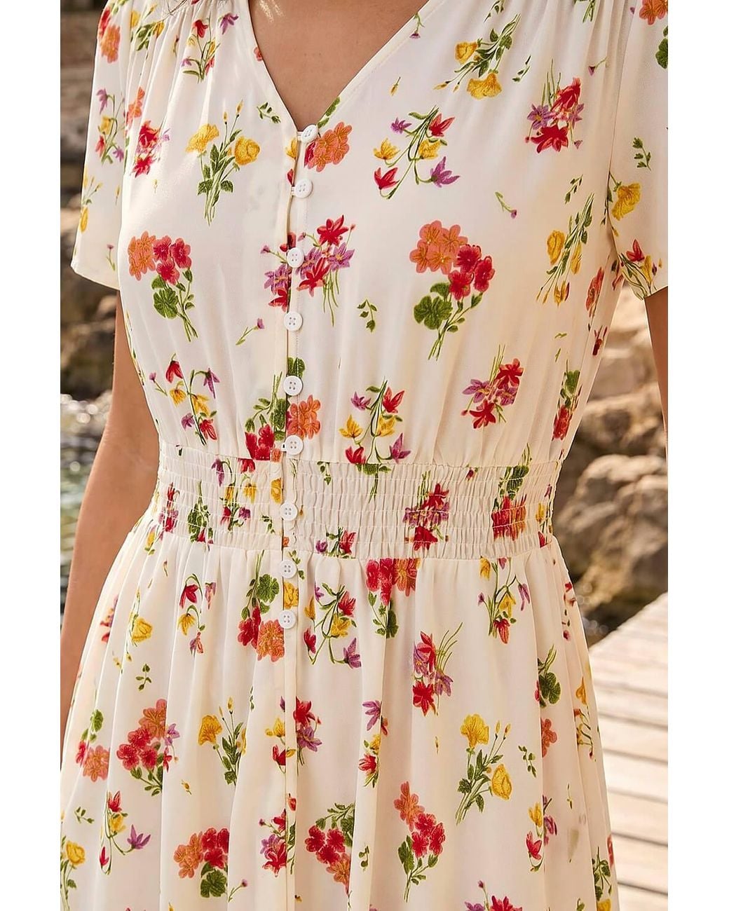Roman White Floral Print Buttoned Midi Dress