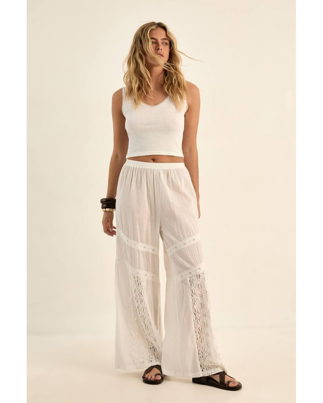 Nasty Gal Natural Cotton Lace Insert Beach Trousers
