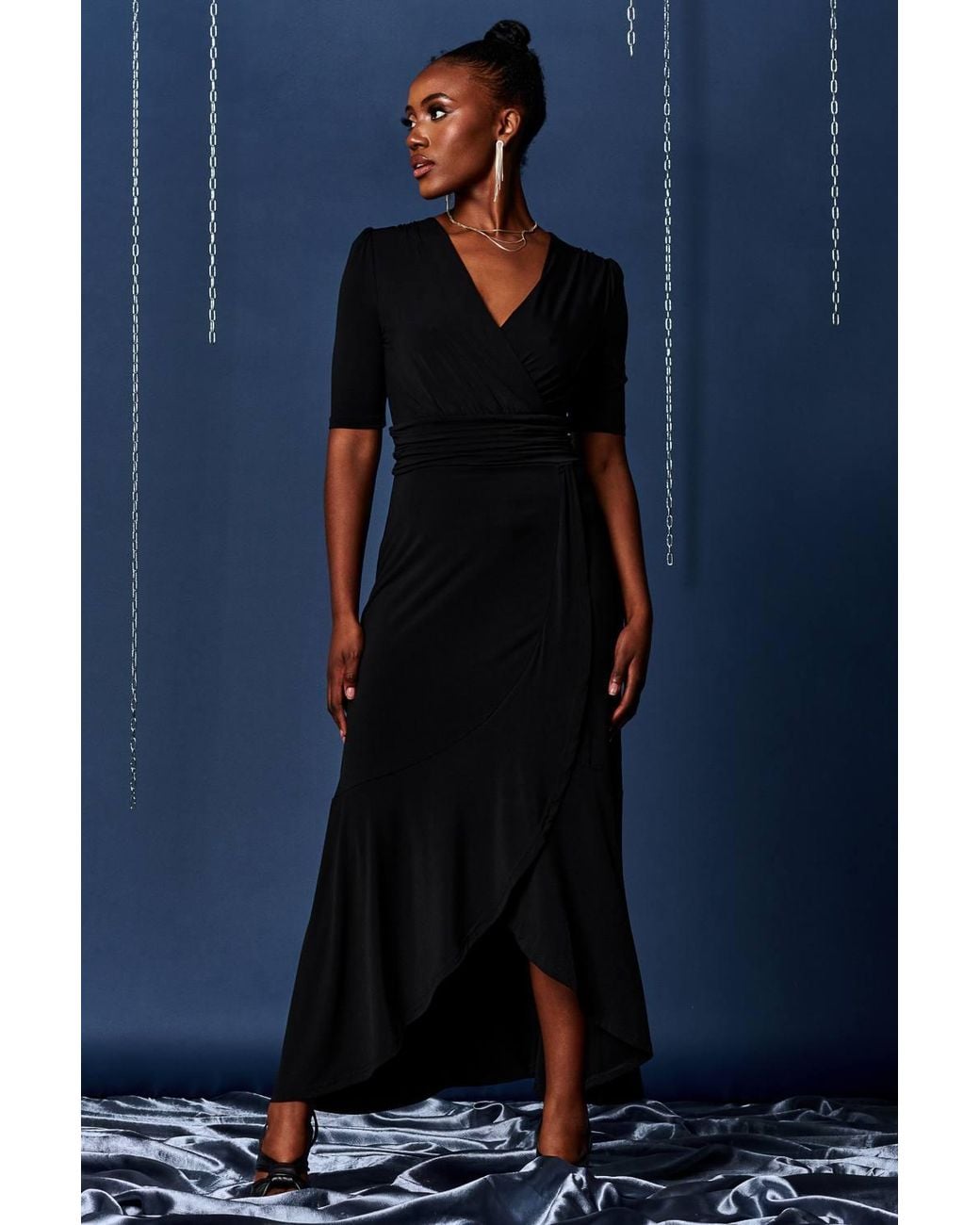 Jolie Moi Blue Wrap Front Frill Hem Maxi Dress
