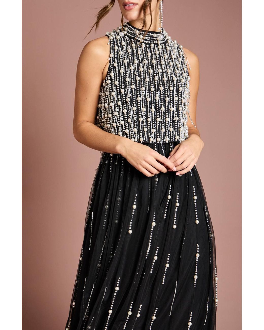 Coast Black Pearl Beaded Overlay Georgette Maxi Dress