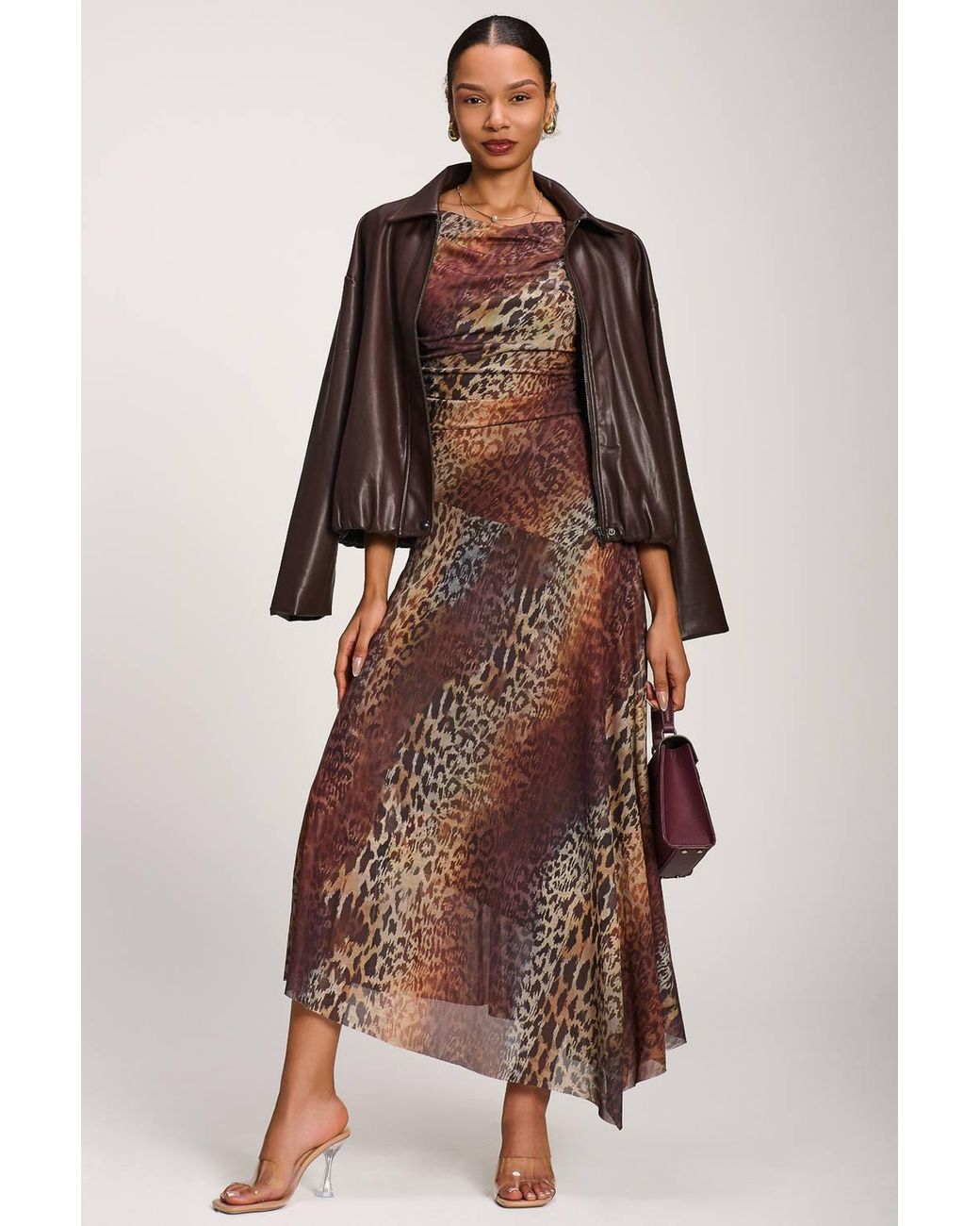 Jolie Moi Brown Asymmetrical Draped Mesh Maxi Dress
