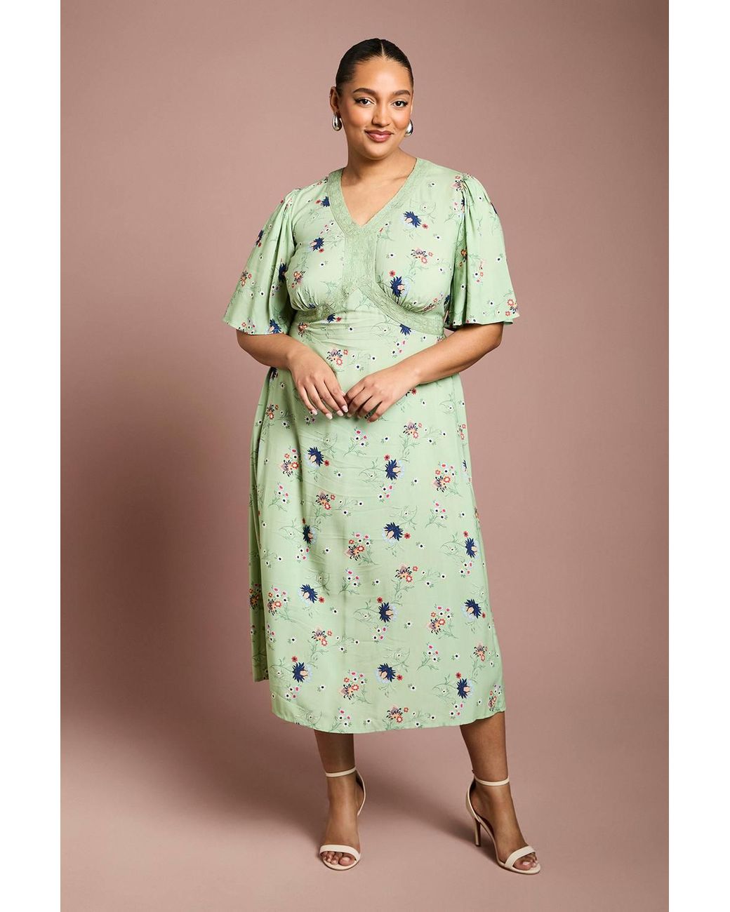 Dorothy Perkins Green Plus Angel Sleeve Lace Trim Midi Dress