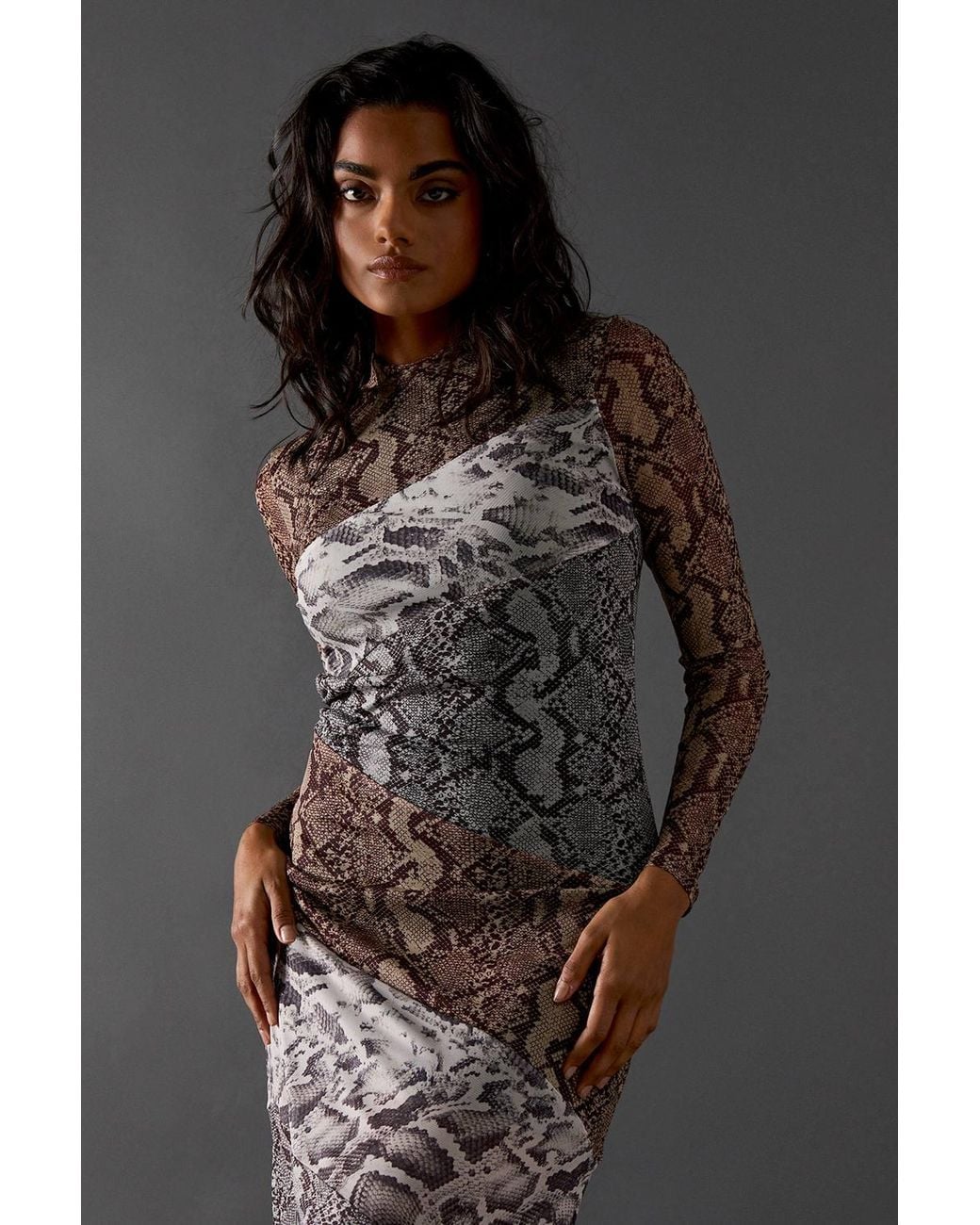 Warehouse Black Panelled Print Mesh Midi Dress