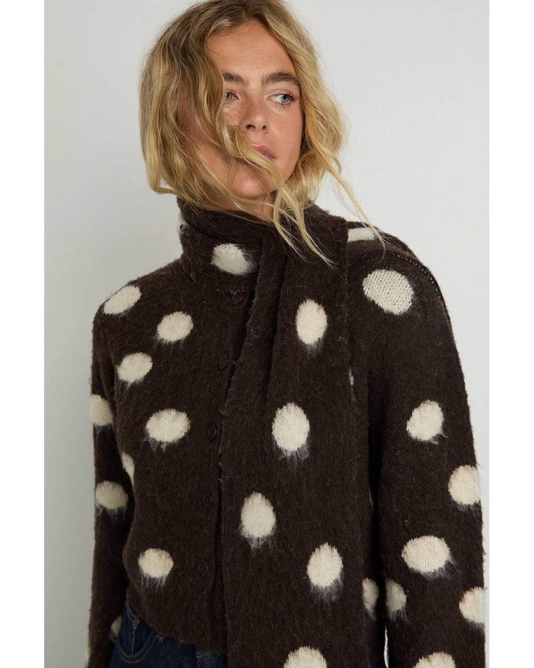 Nasty Gal Brown Polka Dot Brushed Cardigan & Scarf Co-Ord