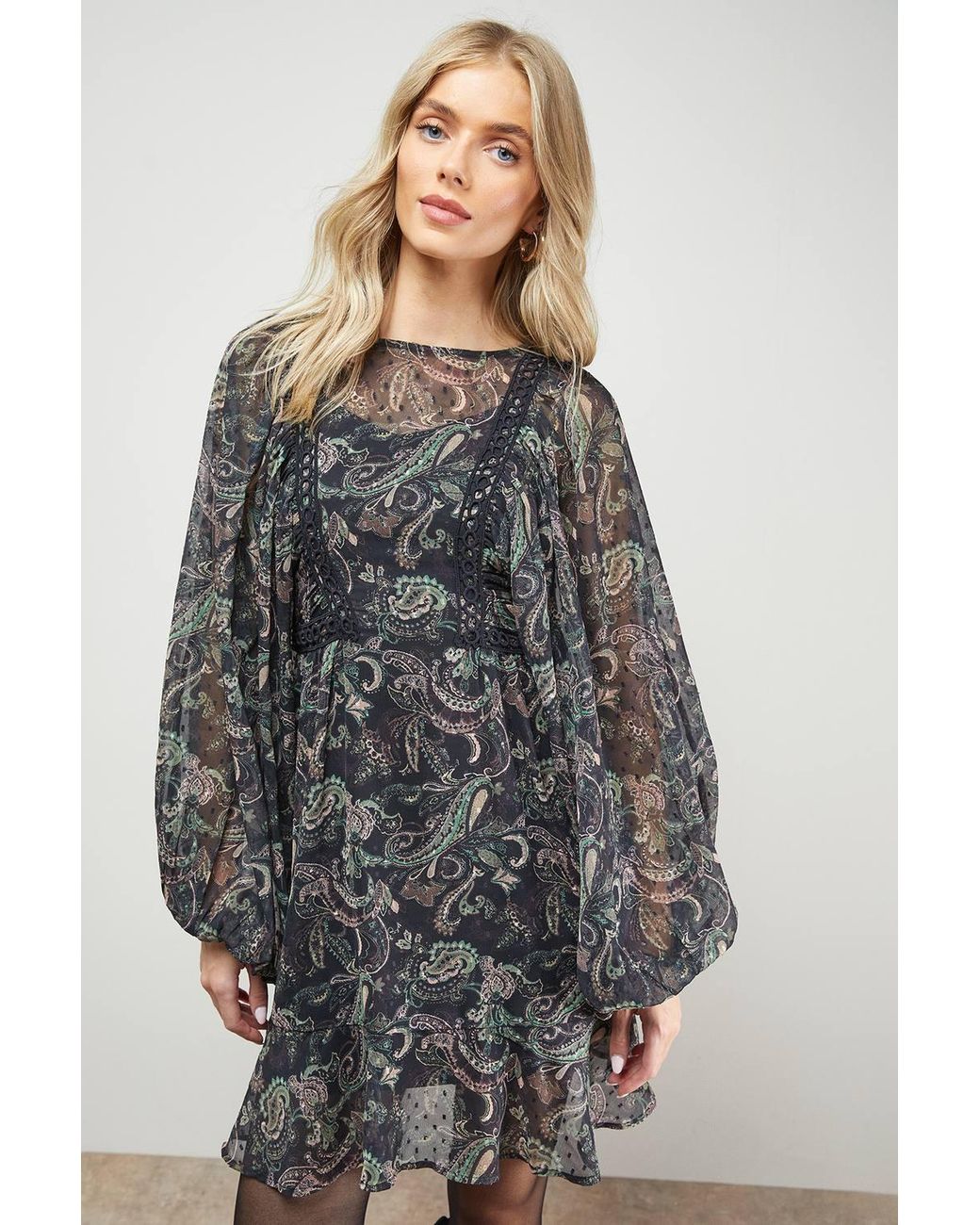 Oasis Multicolor Printed Trim Detail Batwing Mini Dress
