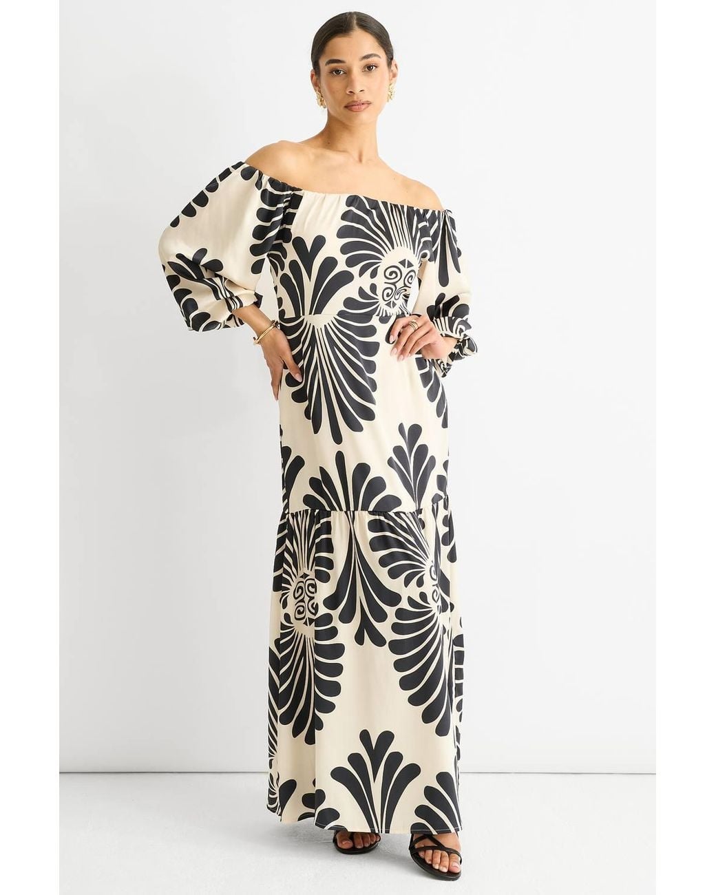 Gini London White Bardot Mono Print Maxi Dress