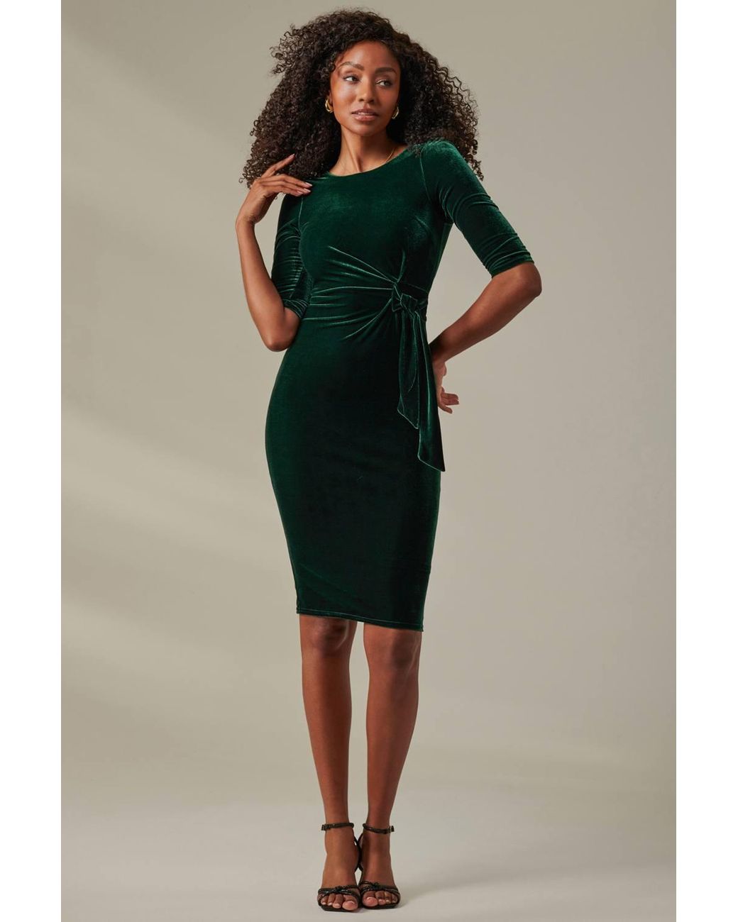 Jolie Moi Green Velvet Side Tie Midi Dress