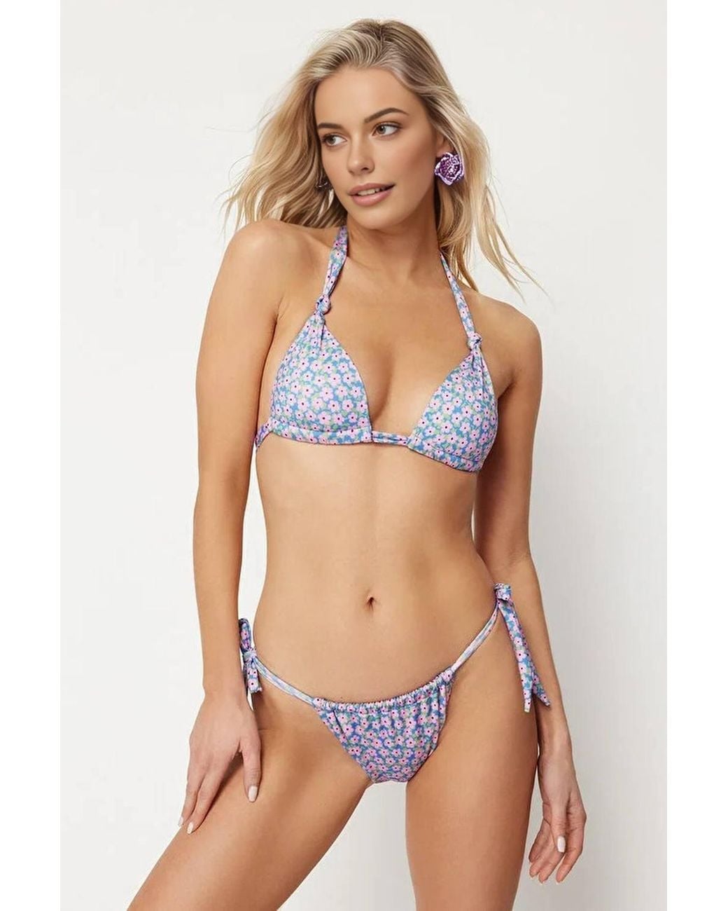 WOVCOR Blue Floral Print Tie Side High Leg Brazilian Bikini Bottom W/ Tunnel