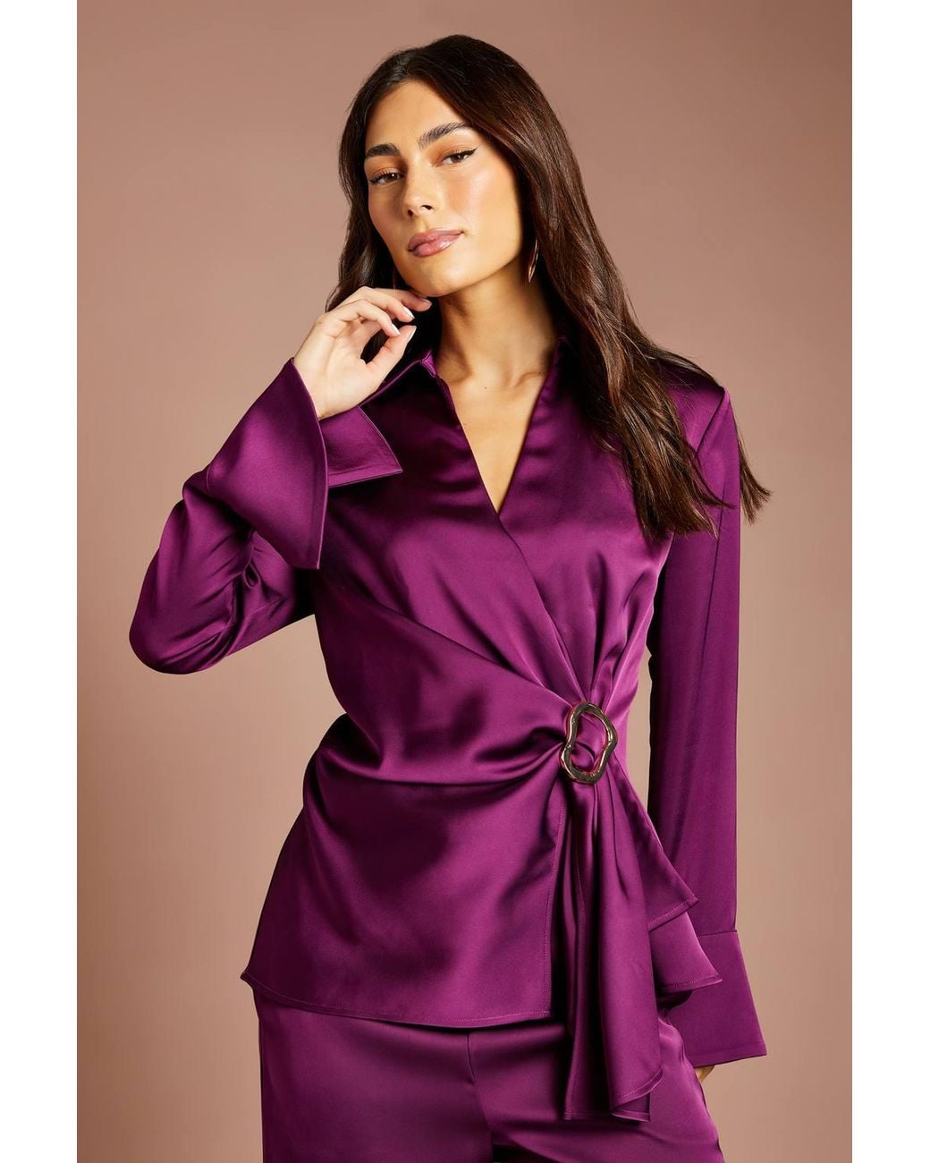 Coast Purple Drape Detail Cuffed Satin Shirt