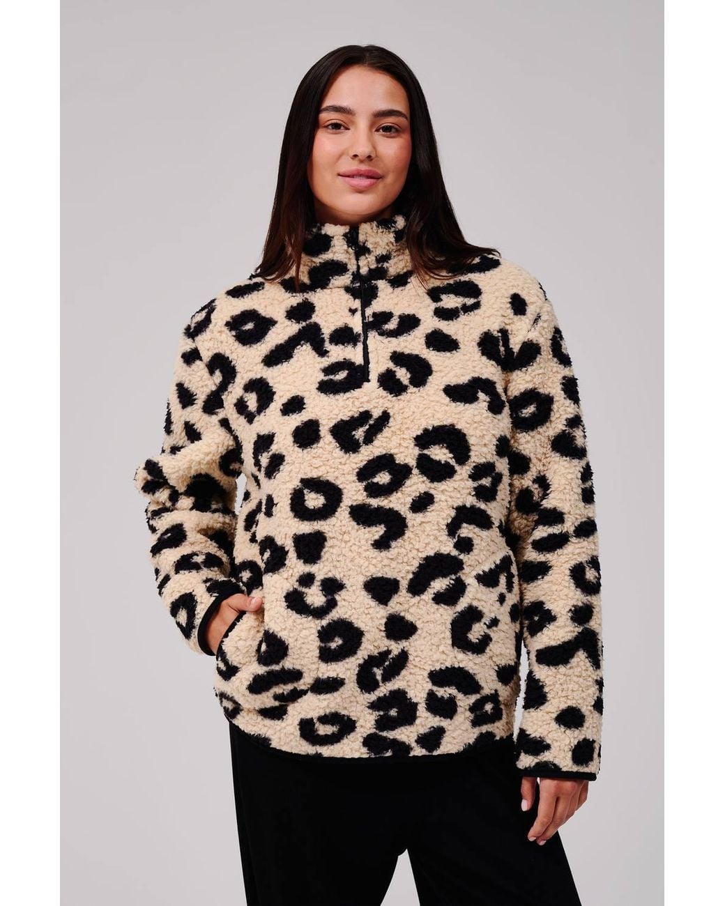 Loungeable Blue Leopard Print Cosy Borg Fleece Quarter Zip Lounge Jumper