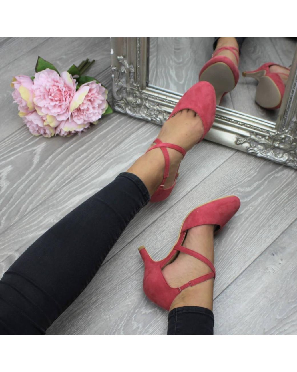 AJVANI Pink Mid Heel Crossed Straps Court Shoes