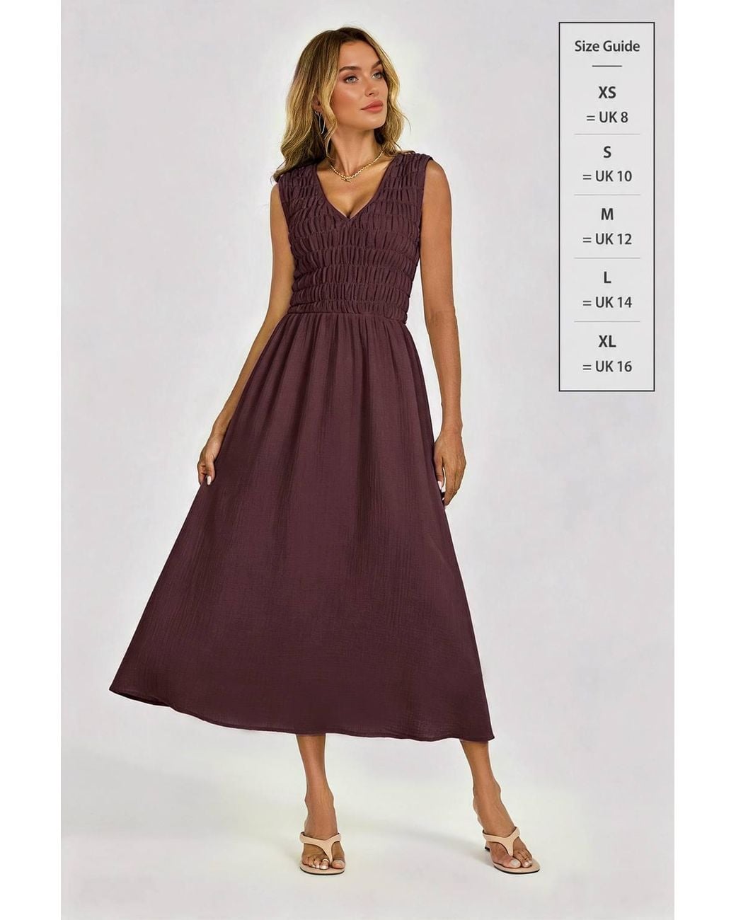 FS Collection Purple Sleeveless Shirred Bodice Midi Dress