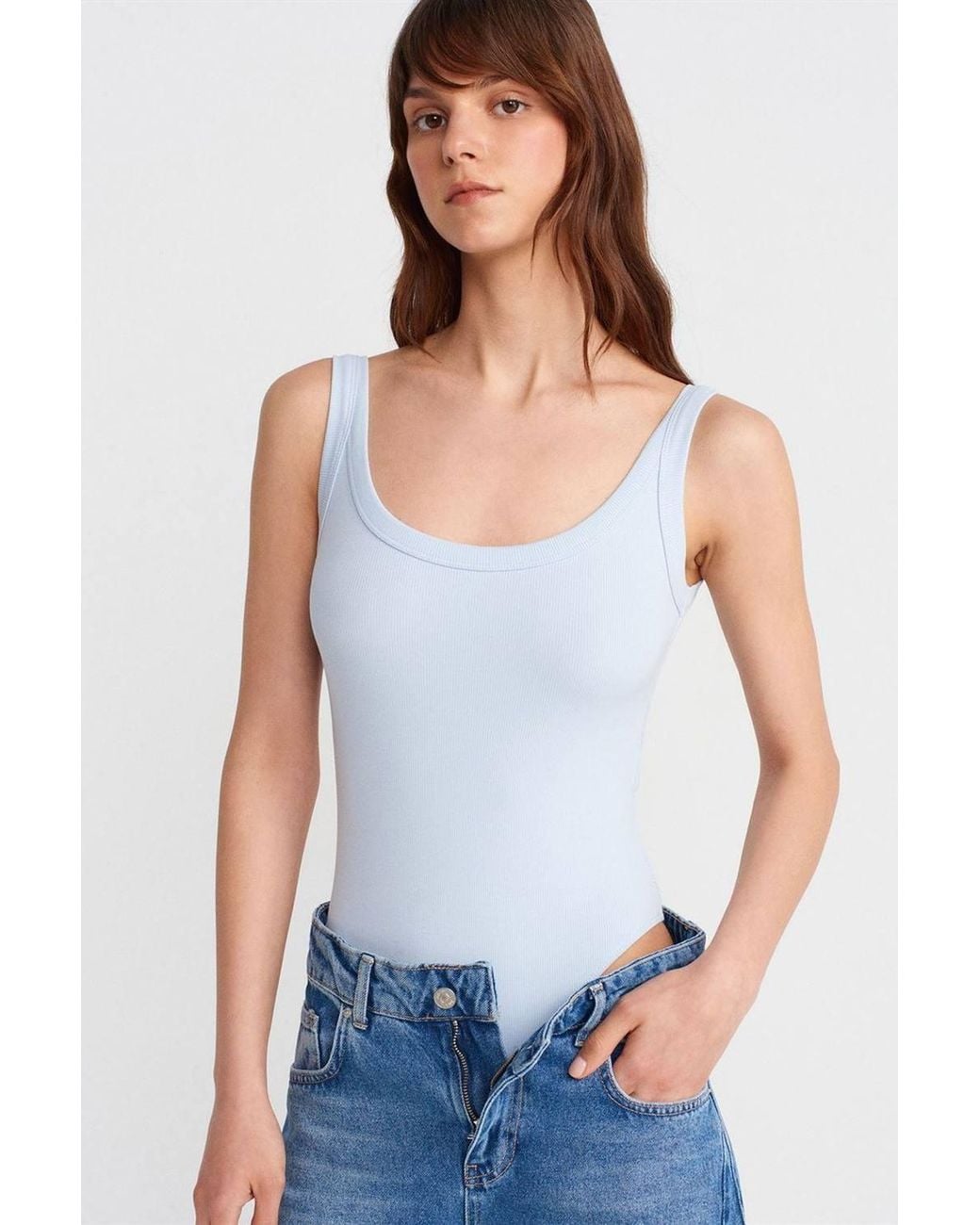 Dilvin White Sleeveless Ribbed Cotton-Blend Bodysuit