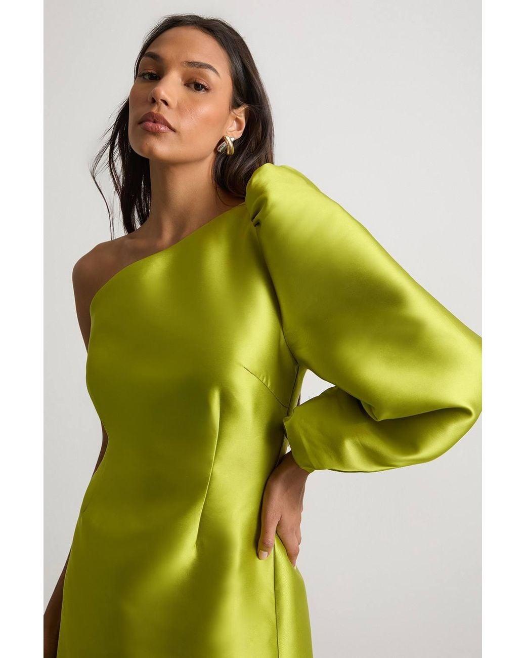 Warehouse Yellow One Shoulder Puff Sleeve Mini Dress