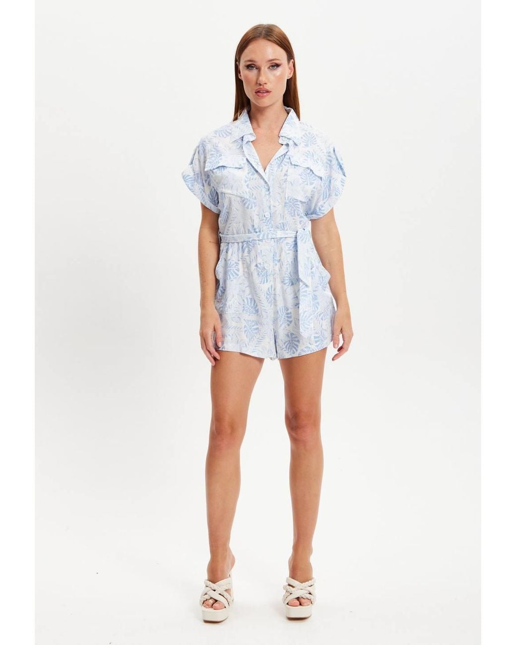 Liquorish White Leaf Printed Playsuit
