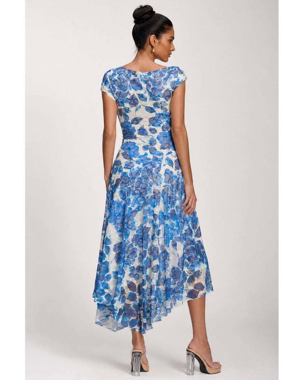 Jolie Moi Blue Asymmetric Draped Print Lace Maxi Dress