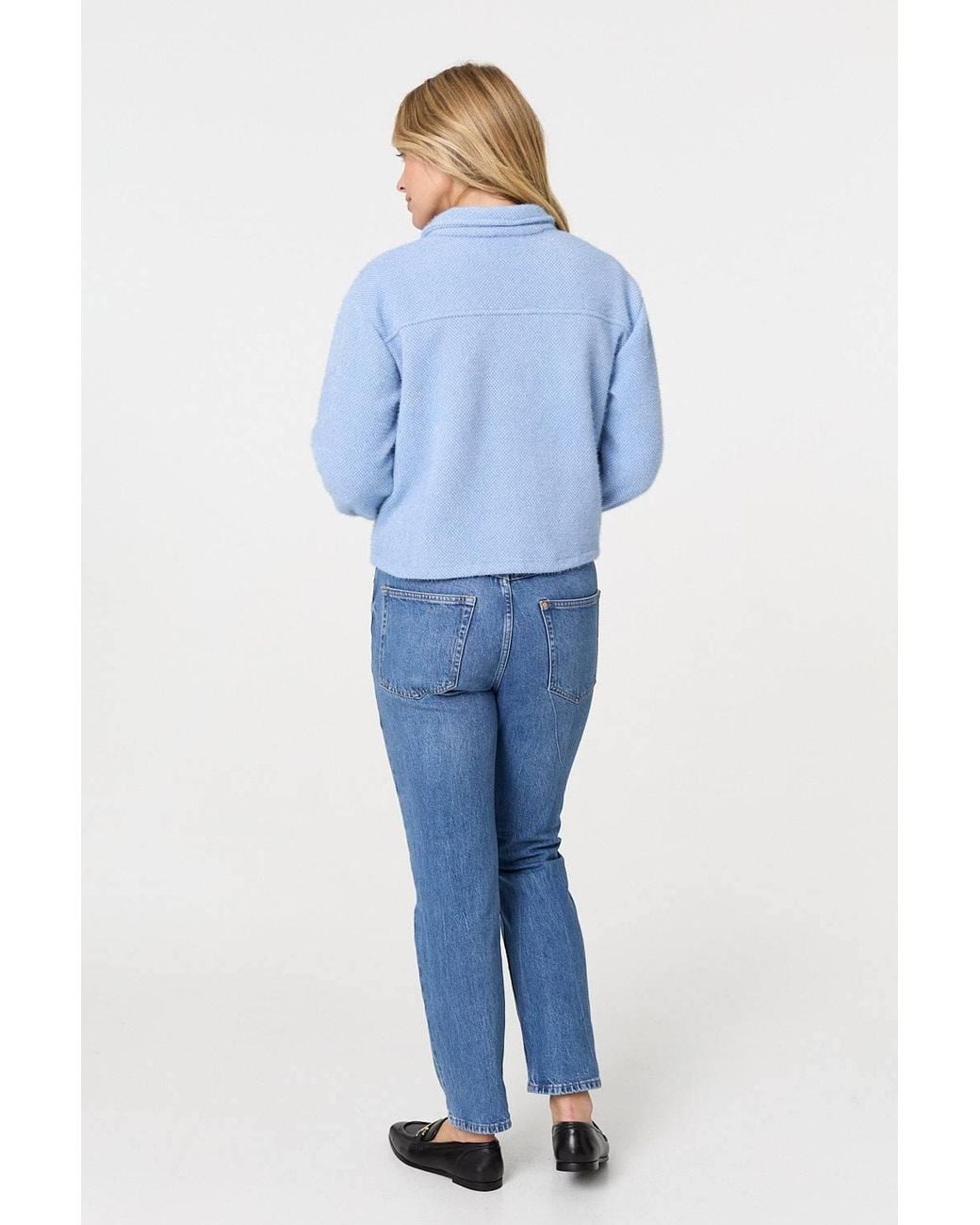 Izabel London Blue Flannel Cropped Pocket Front Shacket Jacket