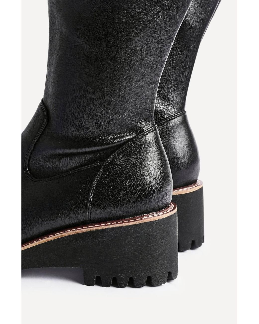Linzi Black Maintain Wide Fit Faux Leather Stretch High Leg Wedge Boot
