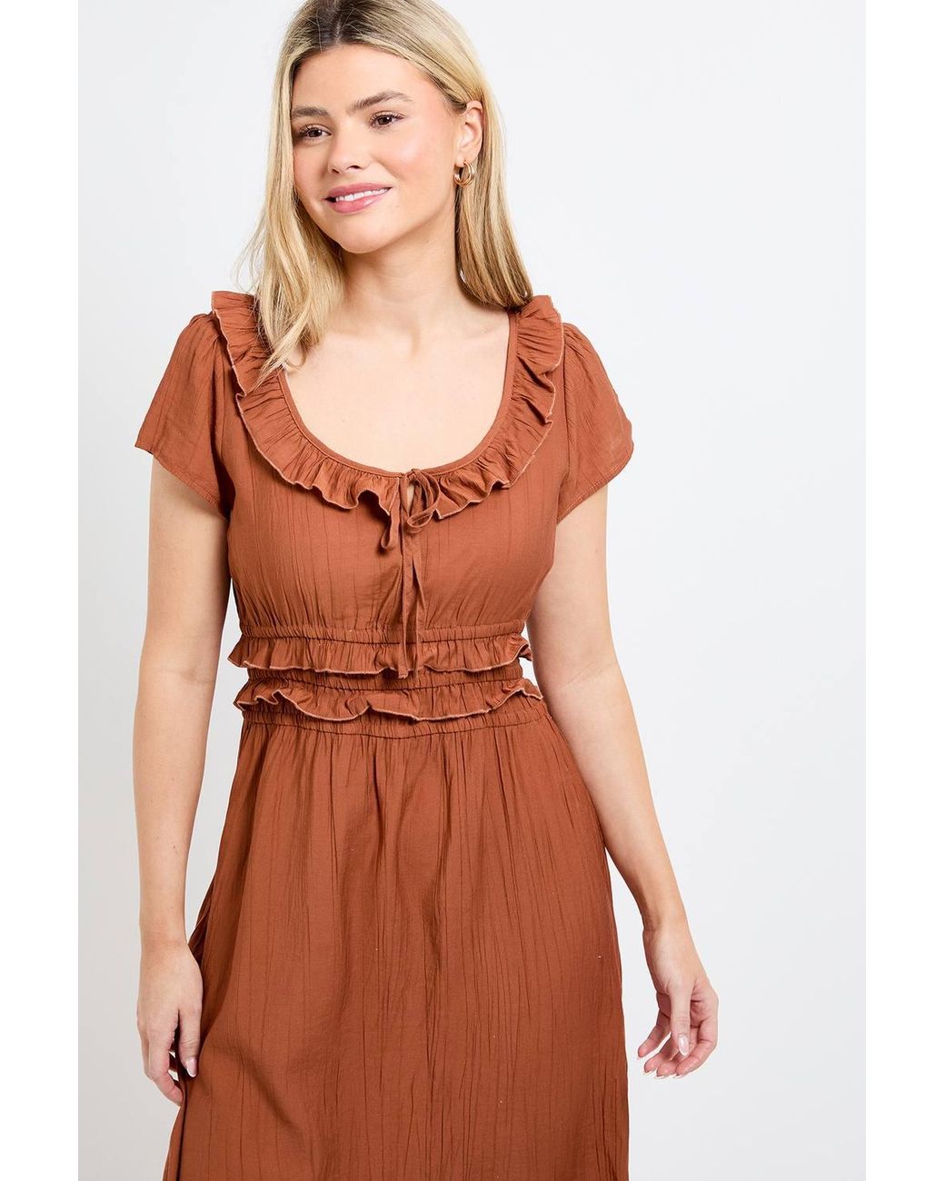 Dorothy Perkins Brown Frill Scoop Neck Shirred Waist Midi Dress
