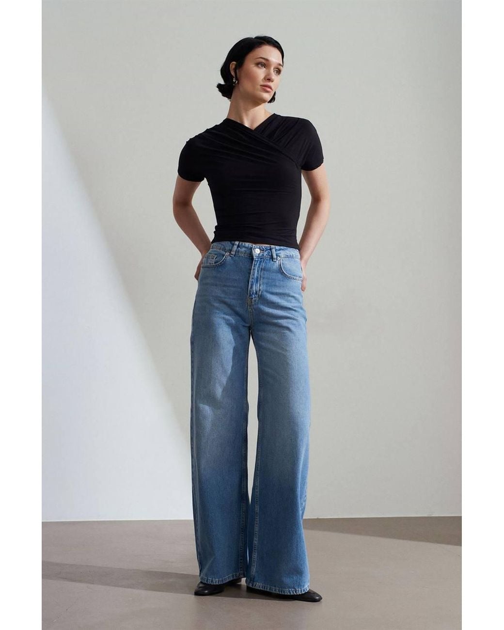 Dilvin Blue Slim Fit V-Neck Jersey Blouse