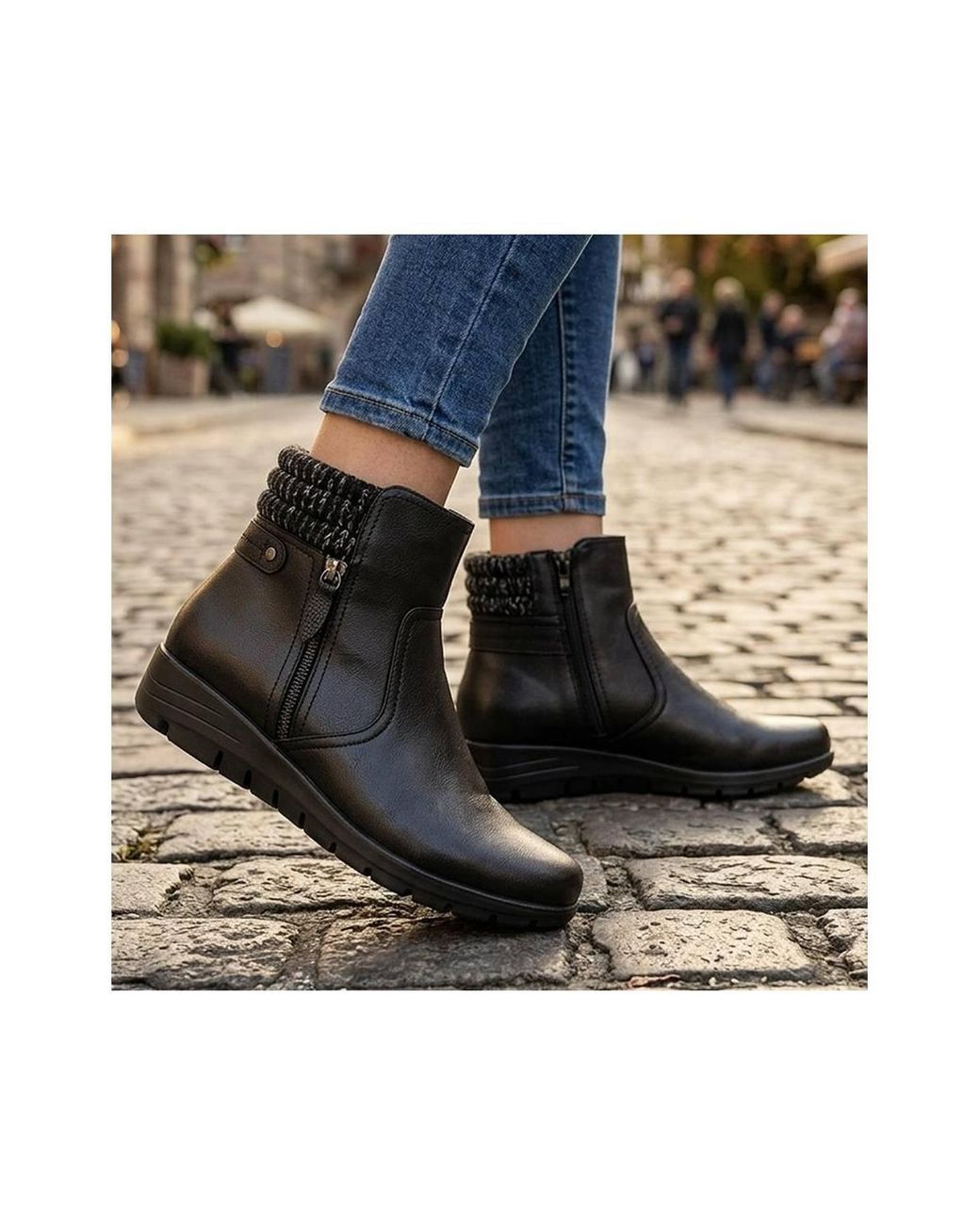 Pavers Black Smart Knitted Cuff Wedged Ankle Boots