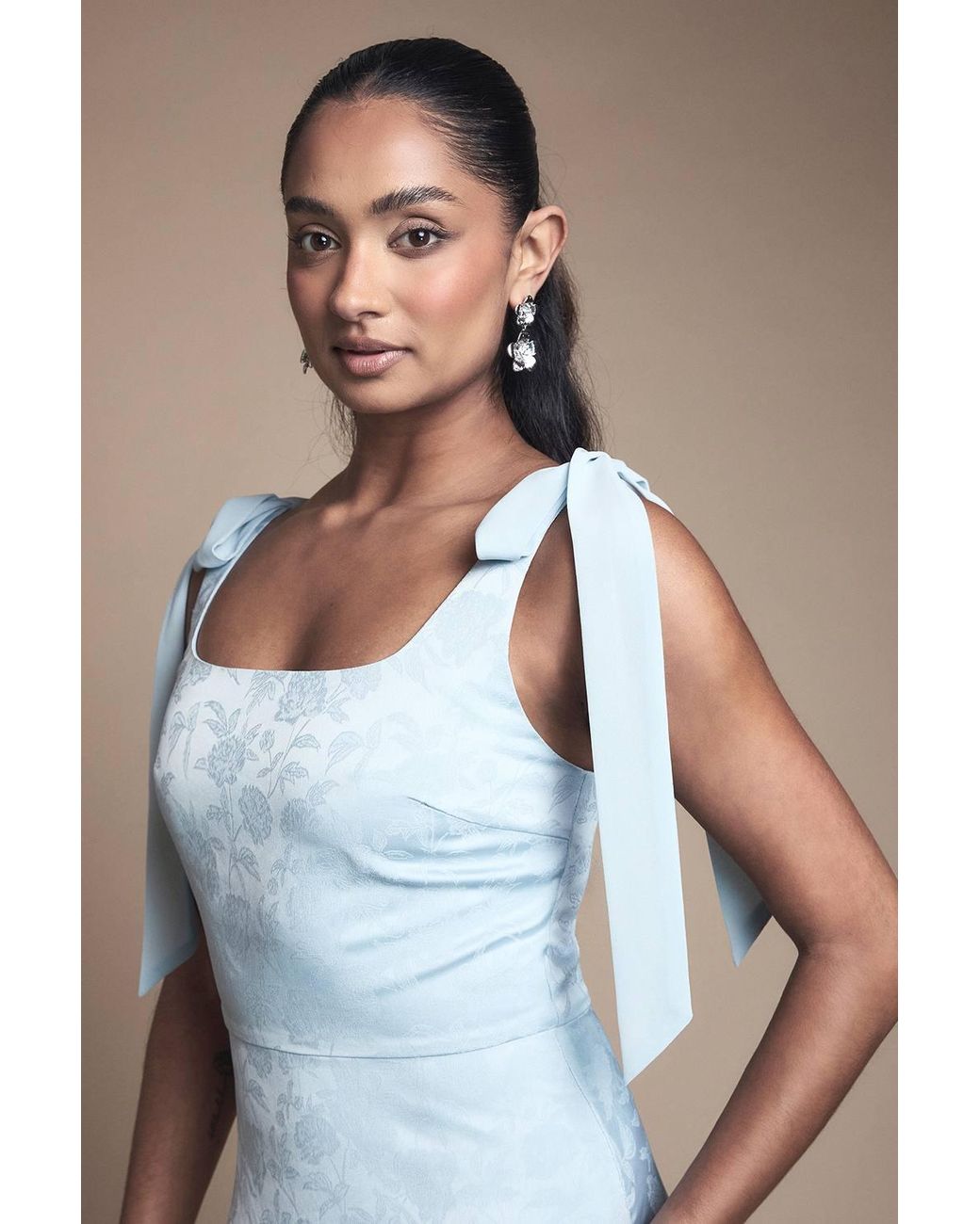Oasis Blue Square Neck Chiffon Tie Shoulder Satin Jacquard Bridesmaid Dress