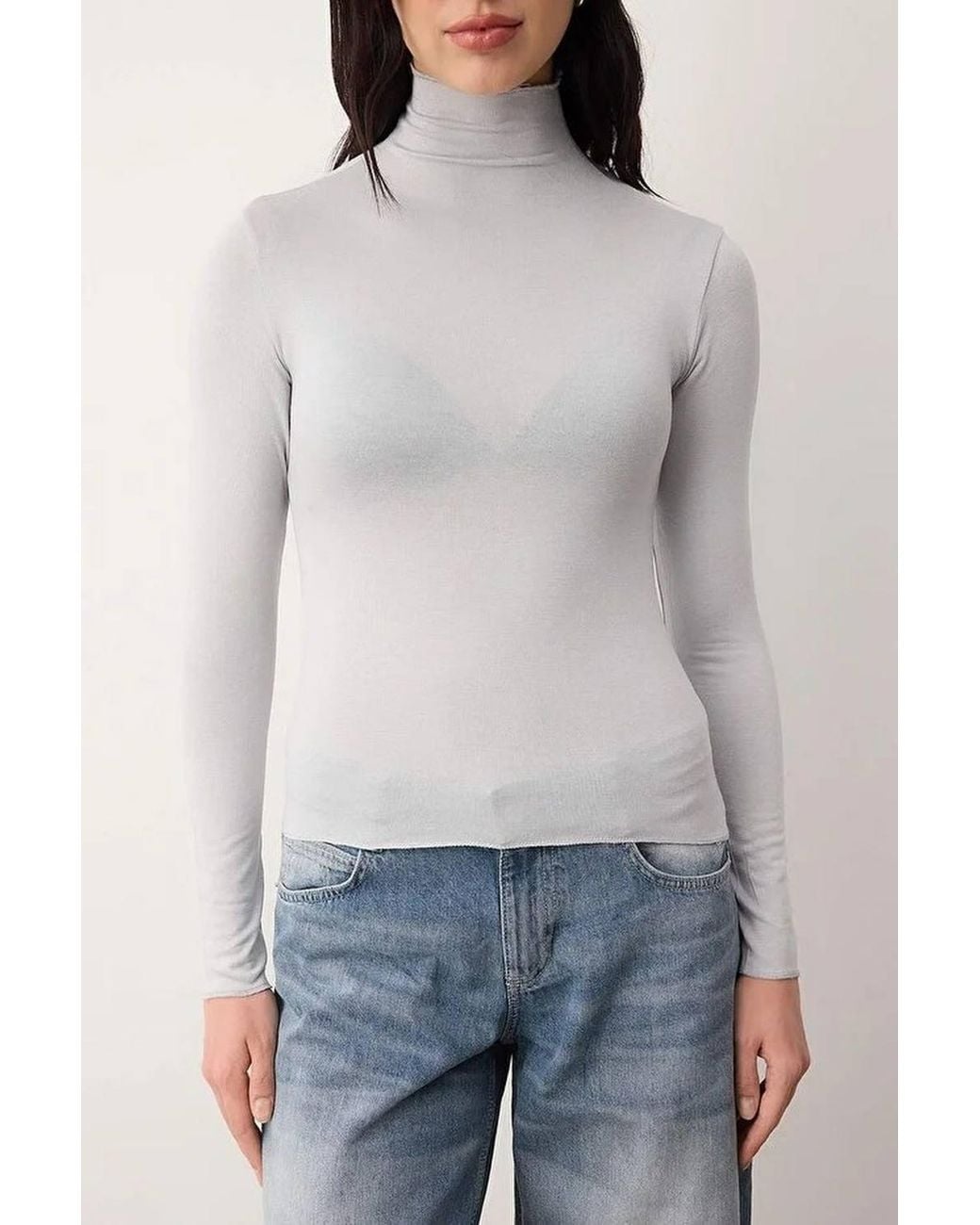 WOVCOR Gray Sheer Stand Collar Stretch Knit Long Sleeve Blouse