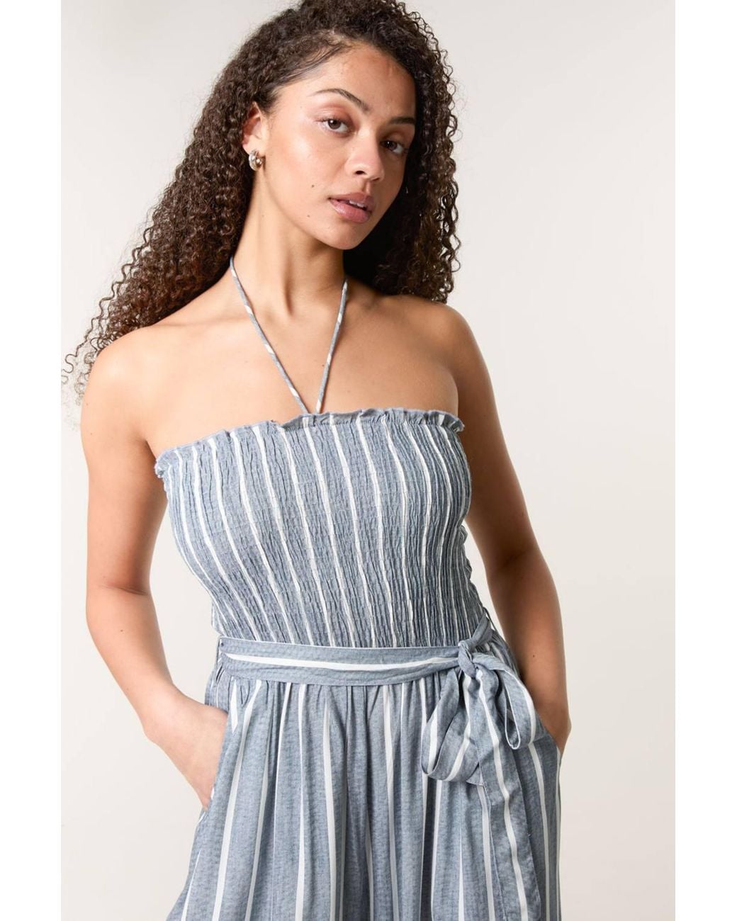 Blue Vanilla Blue Elasticated Waist Sleeveless Off-The-Shoulder Jumpsuit