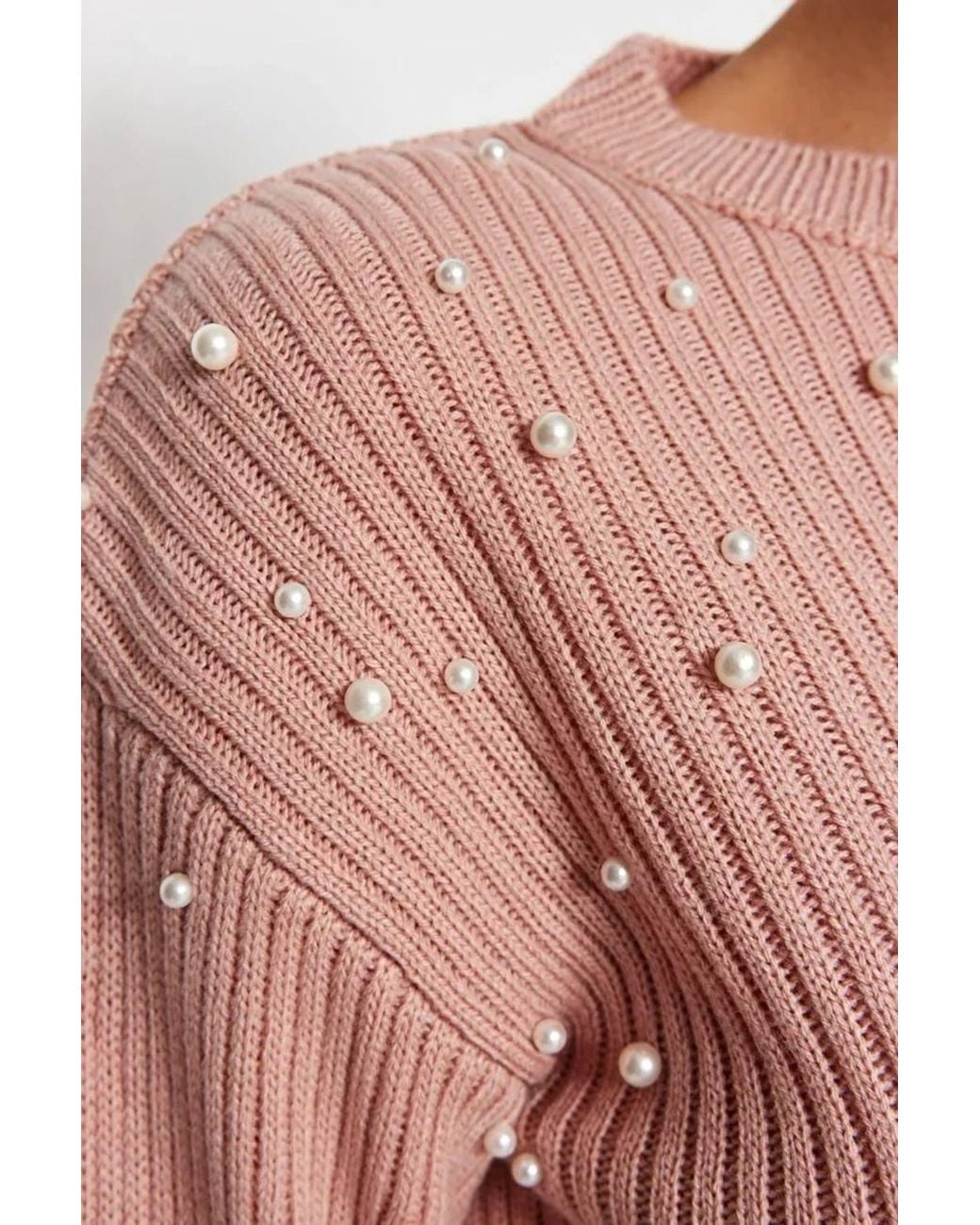 WOVCOR Pink Crew Neck Knit Sweater W/ Pearl Details