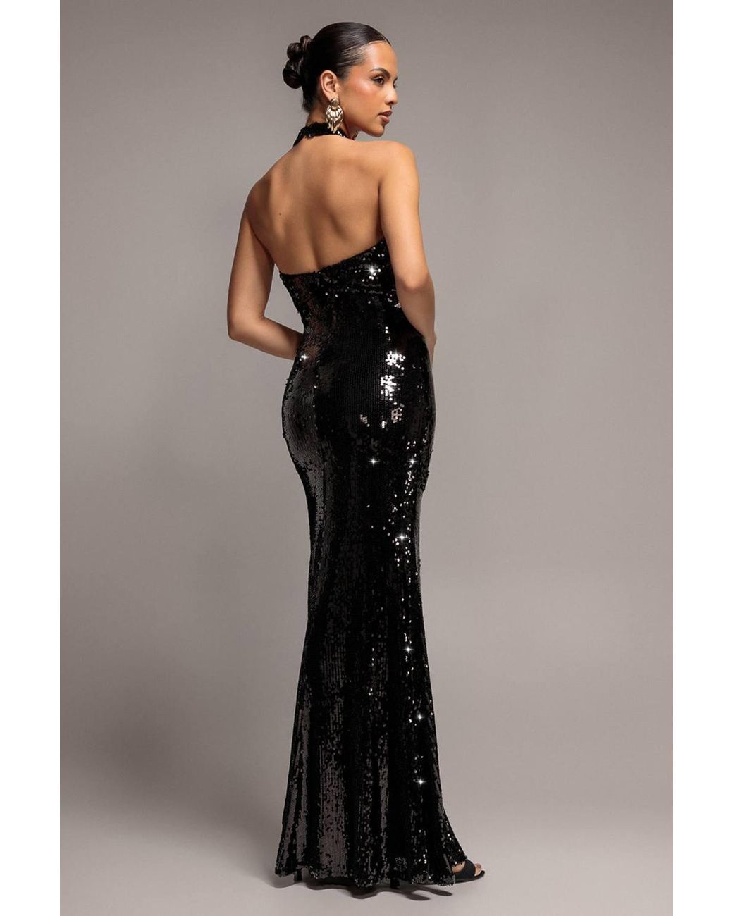 Goddiva Black Sequin Open Back Halter Neck Maxi Dress