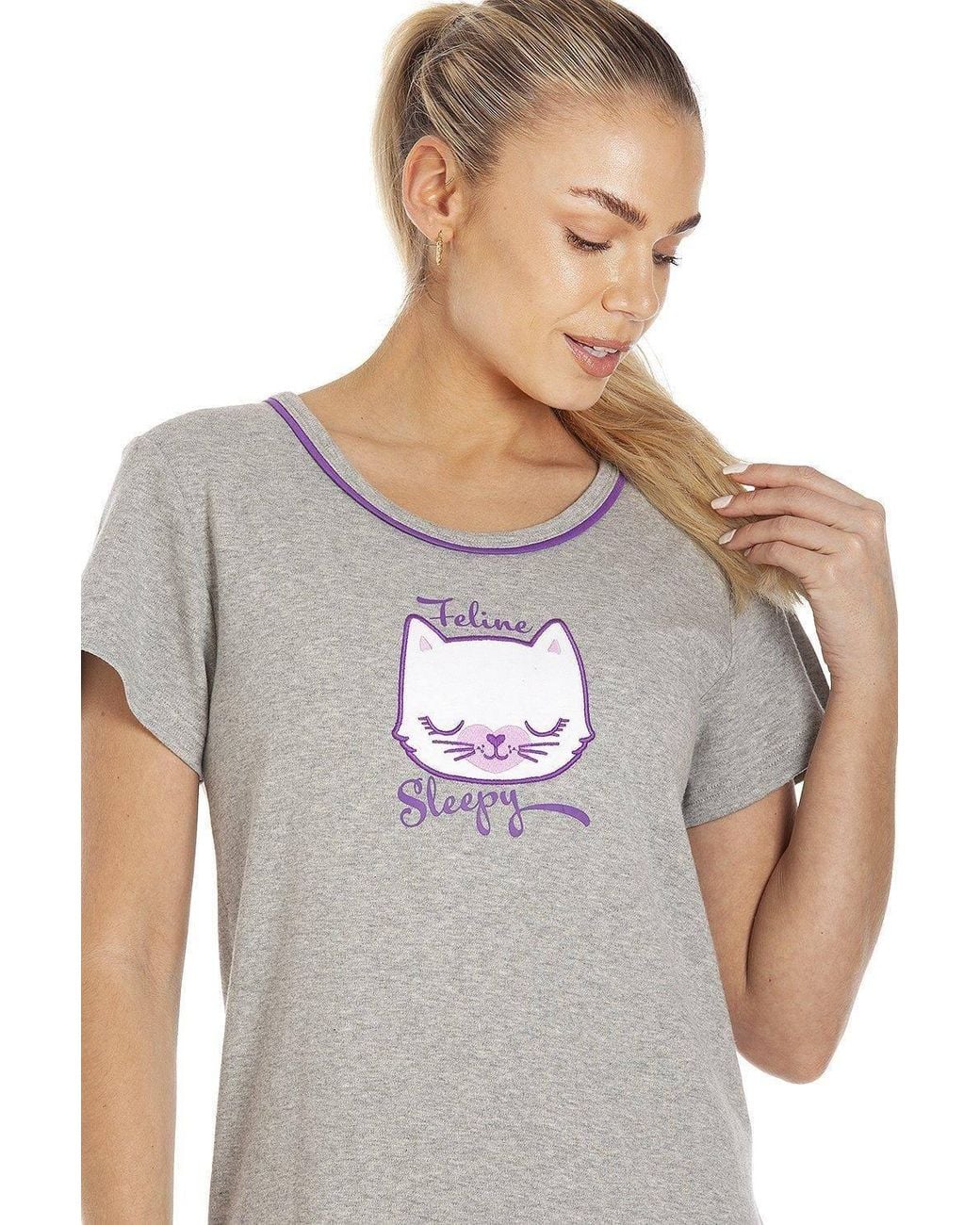 CAMILLE Gray Short Sleeve Cat Print Summer Nightdress