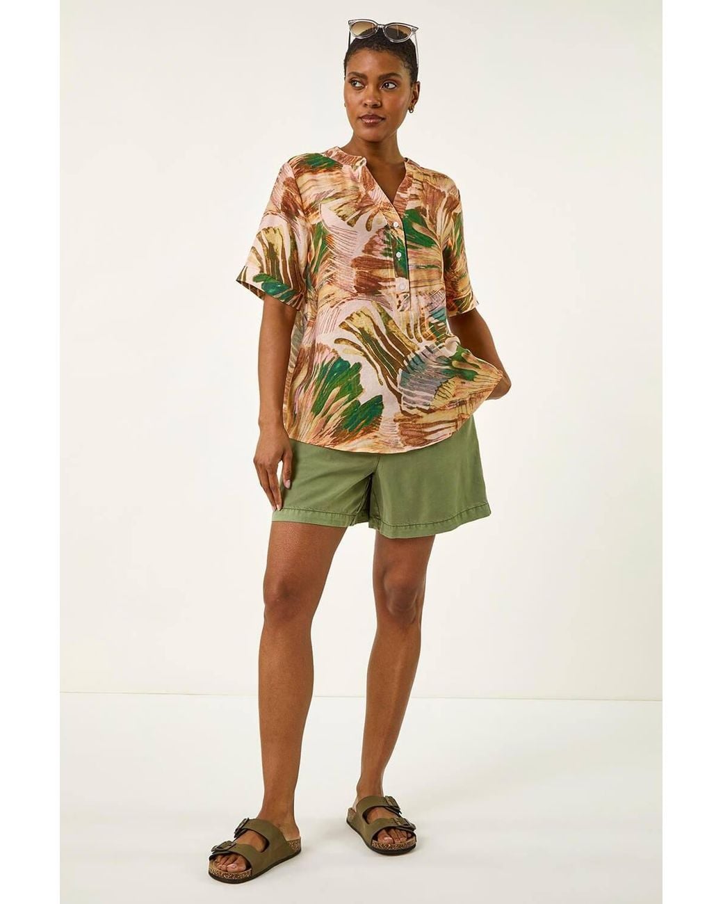Roman Brown Abstract Print V-Neck Button Top
