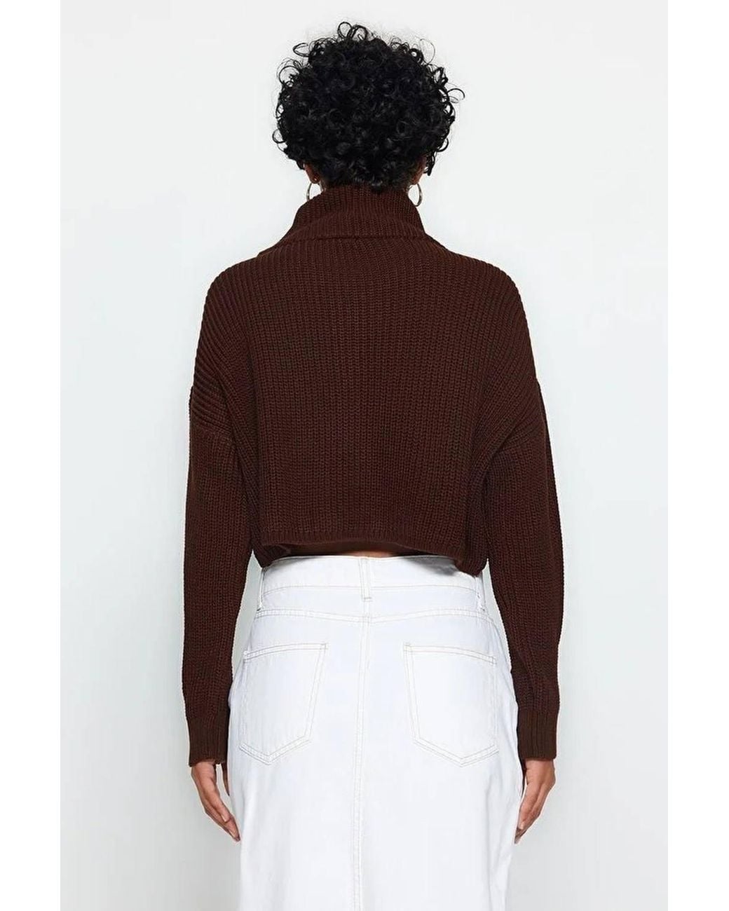 WOVCOR Brown Super Crop Knit Sweater W/ Zipper Detail
