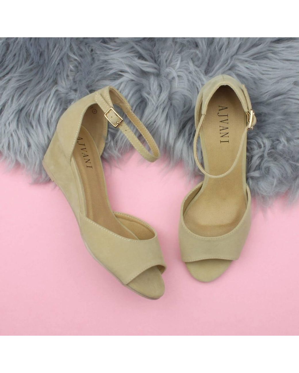 AJVANI Metallic Mid Wedge Heel Ankle Strap Sandals