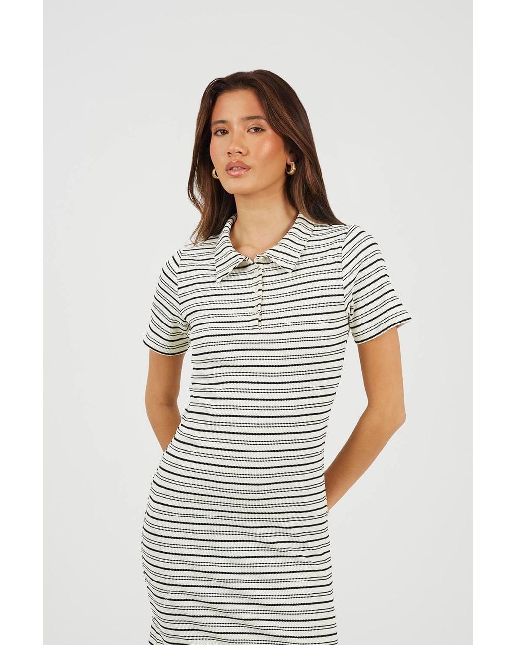 Brave Soul Natural Striped Collared Maxi Dress W/ Split Detail
