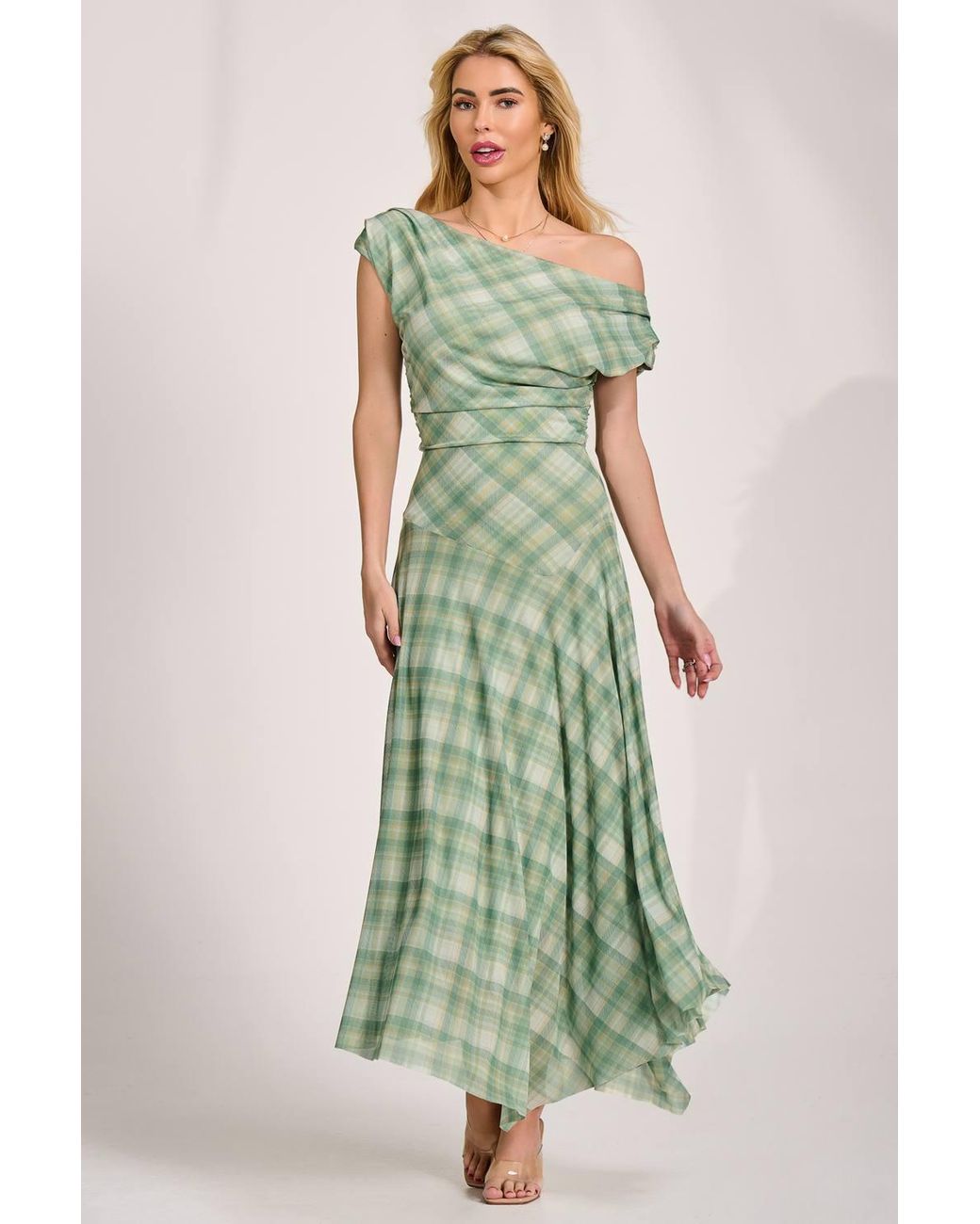 Jolie Moi Green Asymmetric Draped Mesh Maxi Dress