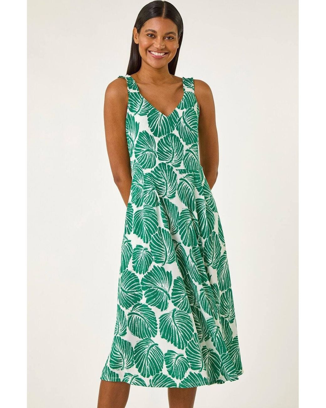 Roman Green Leaf Print V-Neck Stretch Midi Dress