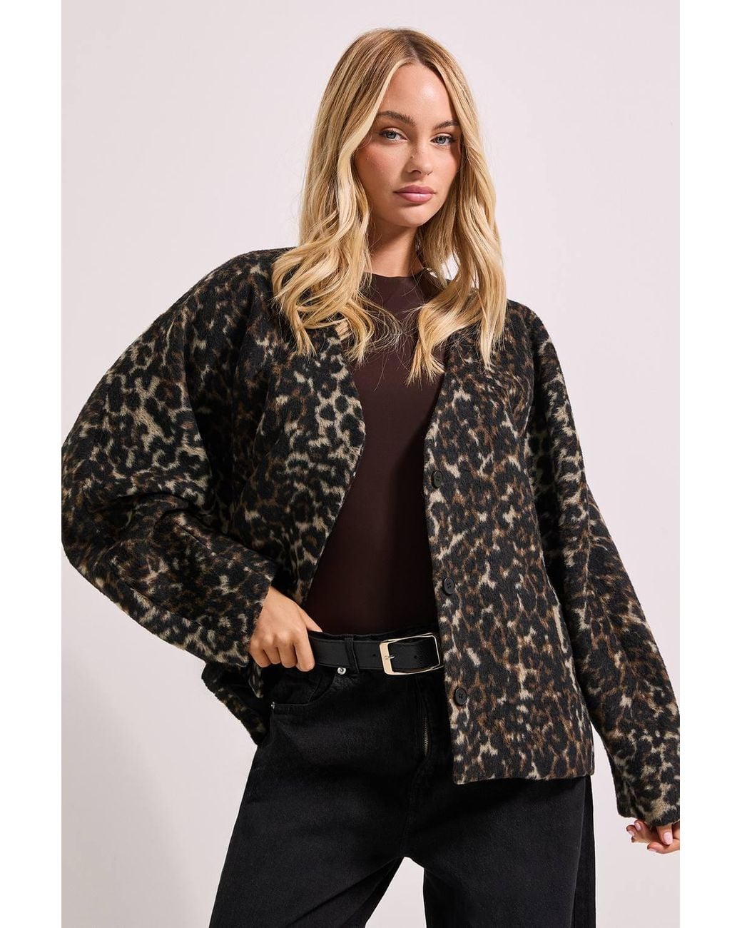 Dorothy Perkins Black Short Collarless Animal Print Coat