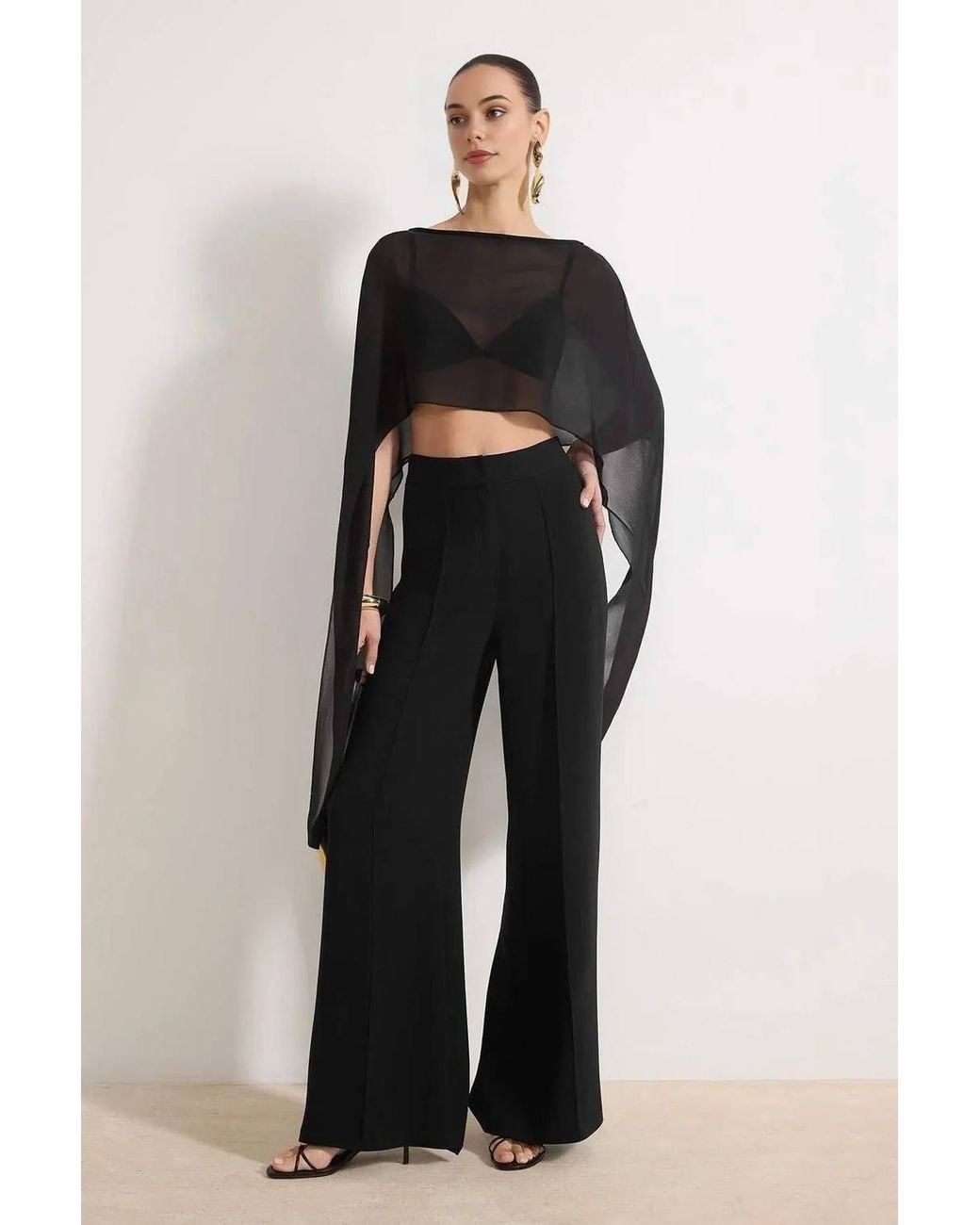 WOVCOR Black Sheer Chiffon Cape Crop Blouse W/ Draped Sleeve Detail