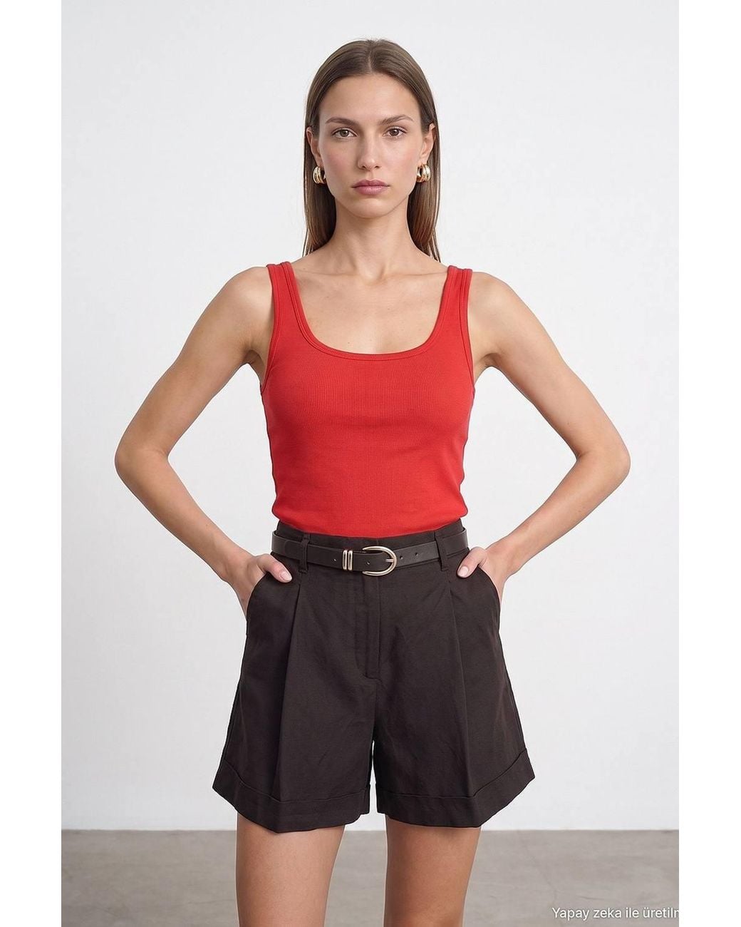 Dilvin Red Slim Fit Sleeveless Jersey Cami Blouse