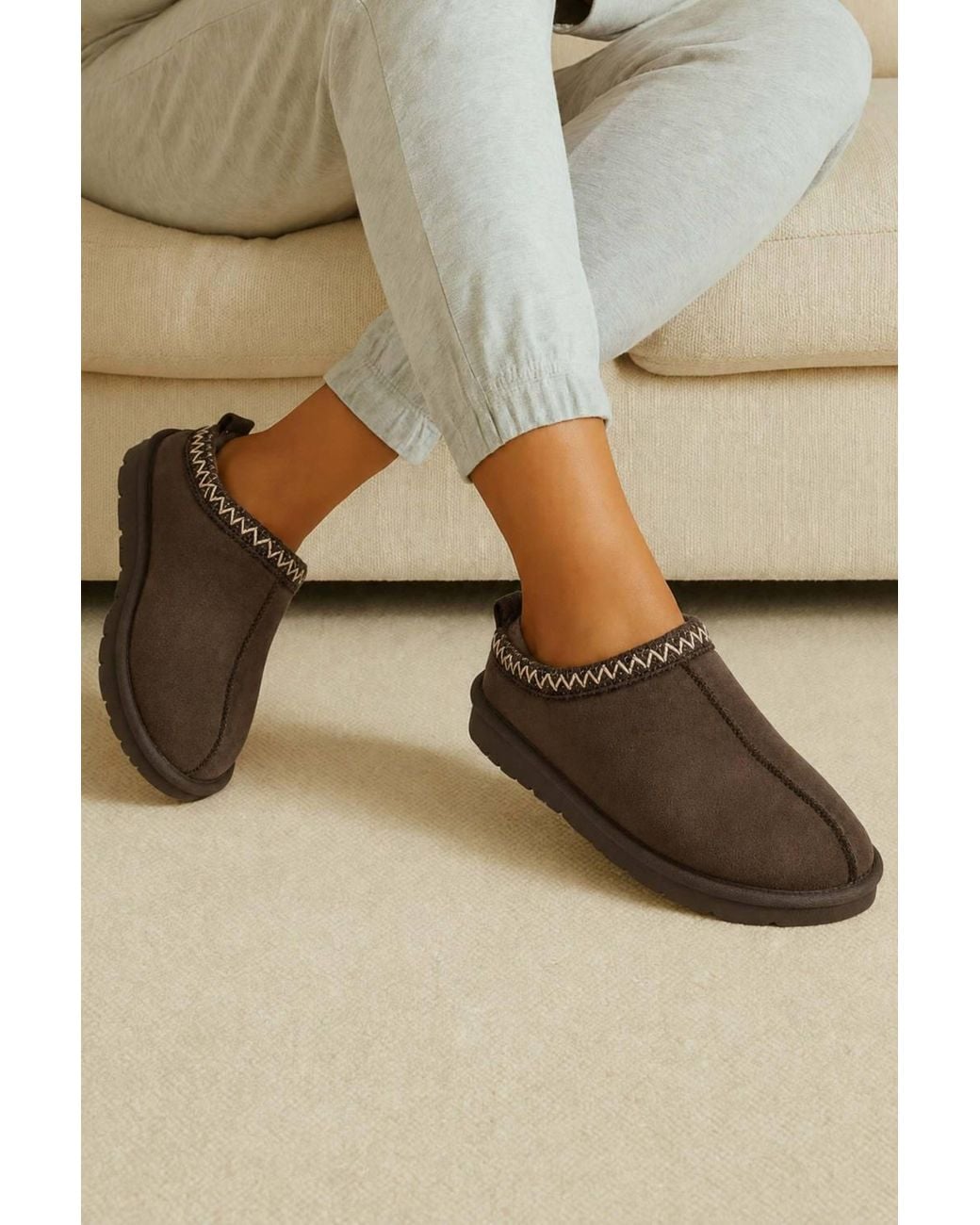 AJVANI Natural Faux Fur Lined Comfy Aztec Embroidered Ultra Mini Booties Slippers
