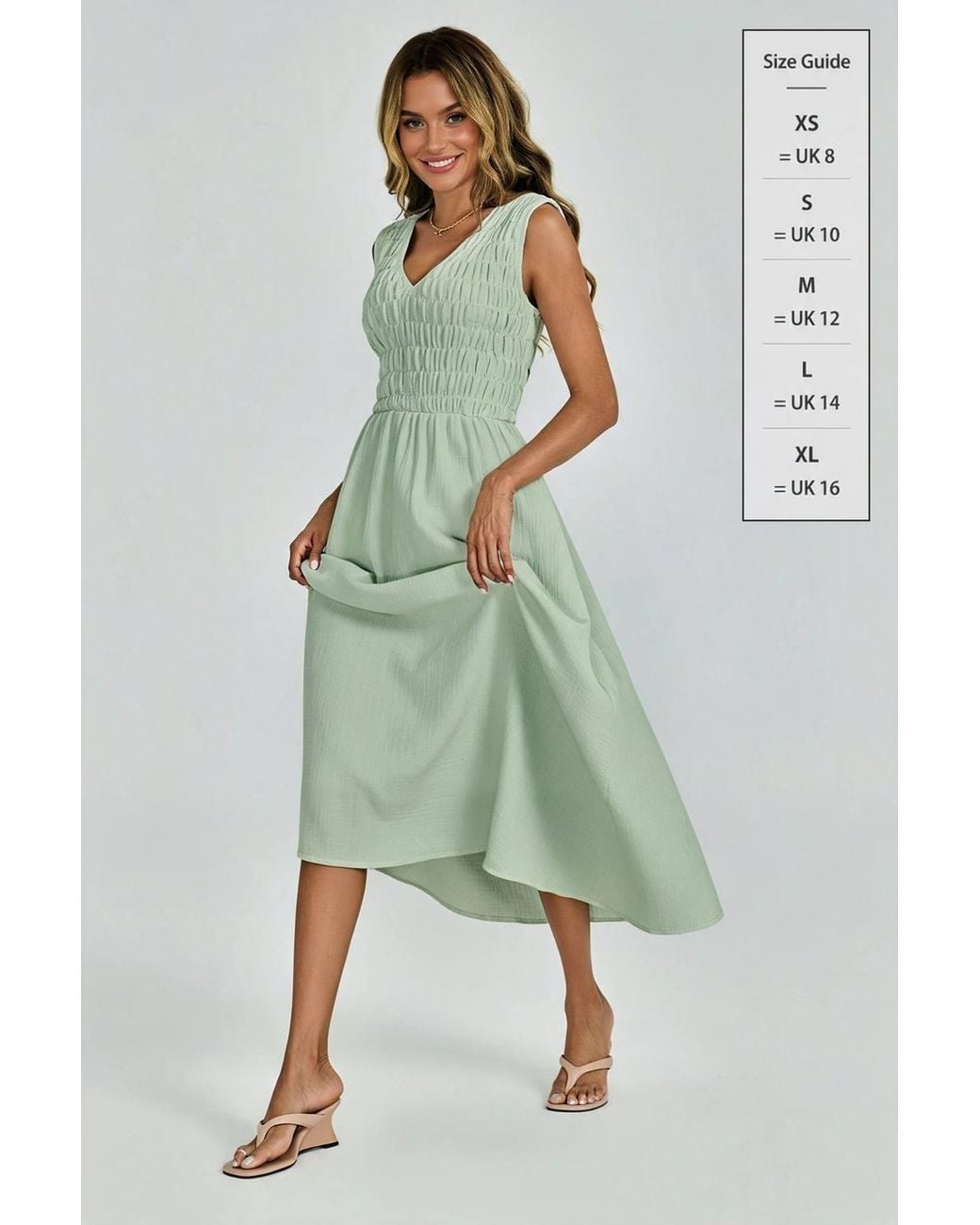 FS Collection Green Sleeveless Shirred Bodice Midi Dress