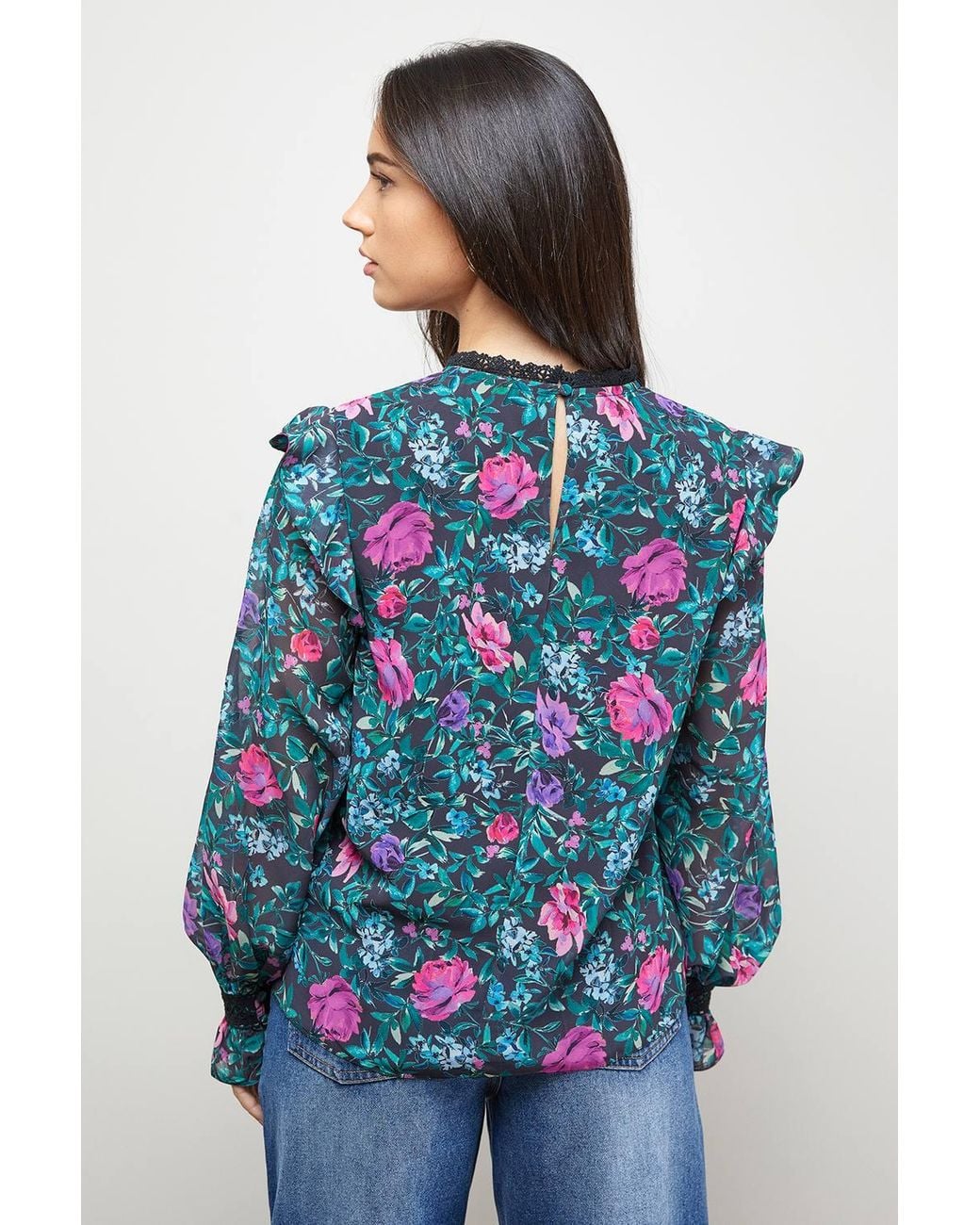 Oasis Blue Printed Lace Trim Pleat Detail Boho Blouse